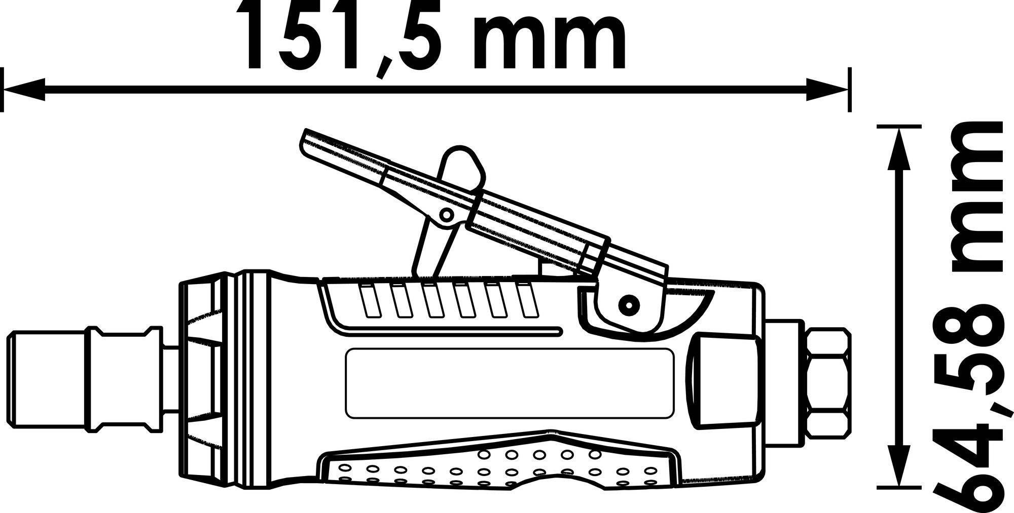 Technische tekening van een gereedschap met afmetingen van 151,5 mm in lengte en 44,58 mm in hoogte.