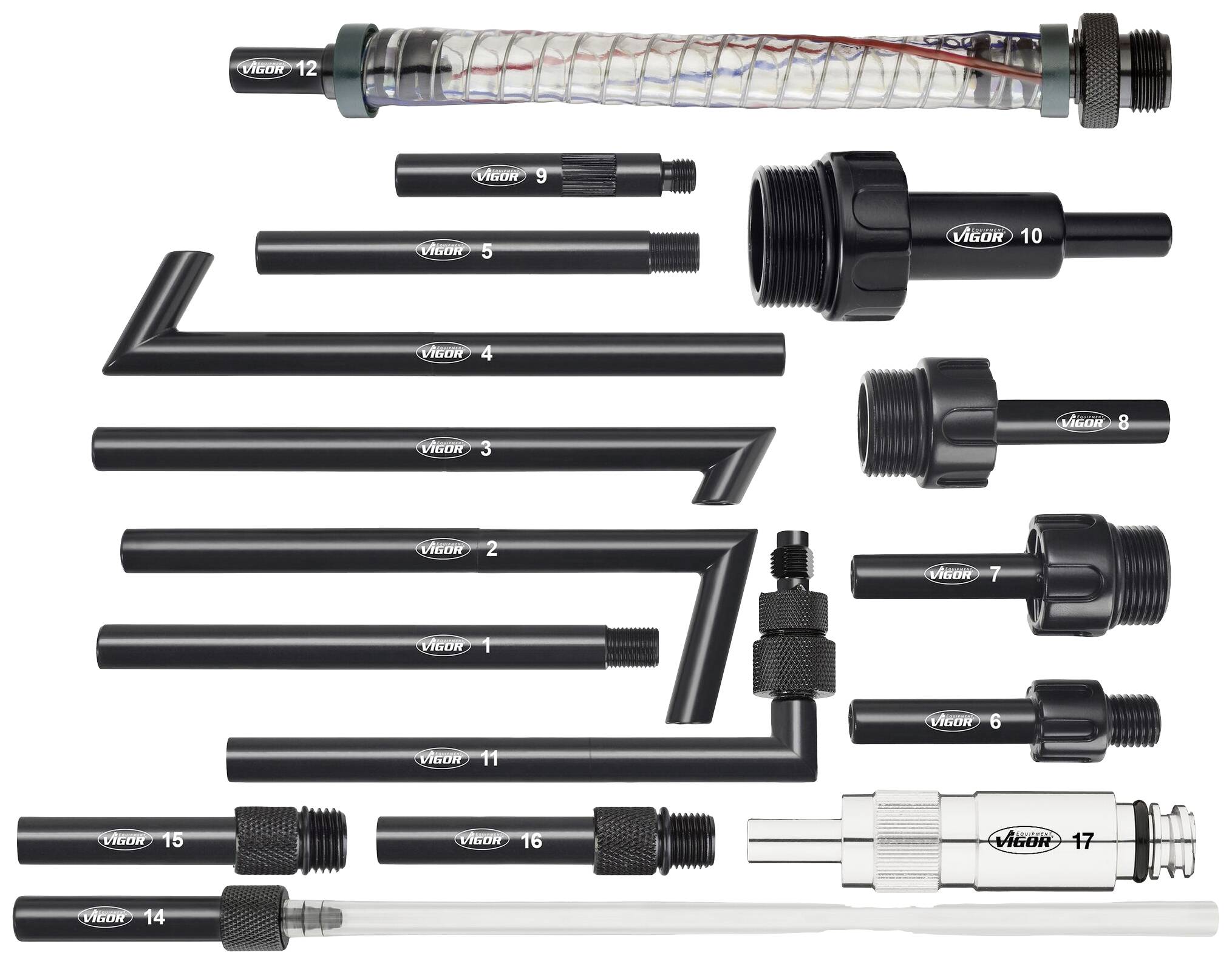 'Verzameling van verschillende buizen en adapters in uiteenlopende maten en vormen, genummerd van 1 tot 17, voor het verbinden van slangen.'