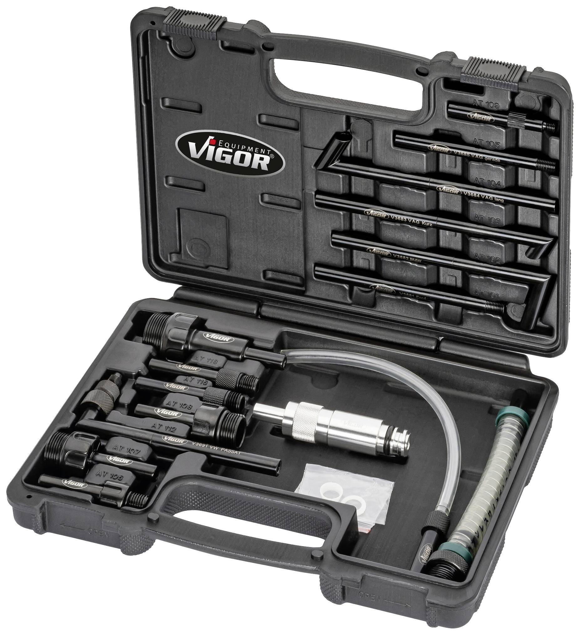 Kunststof gereedschapskoffer met verschillende gereedschappen en toebehoren voor auto- of machinereparatie. Bevat slangen, adapters en ventielen.