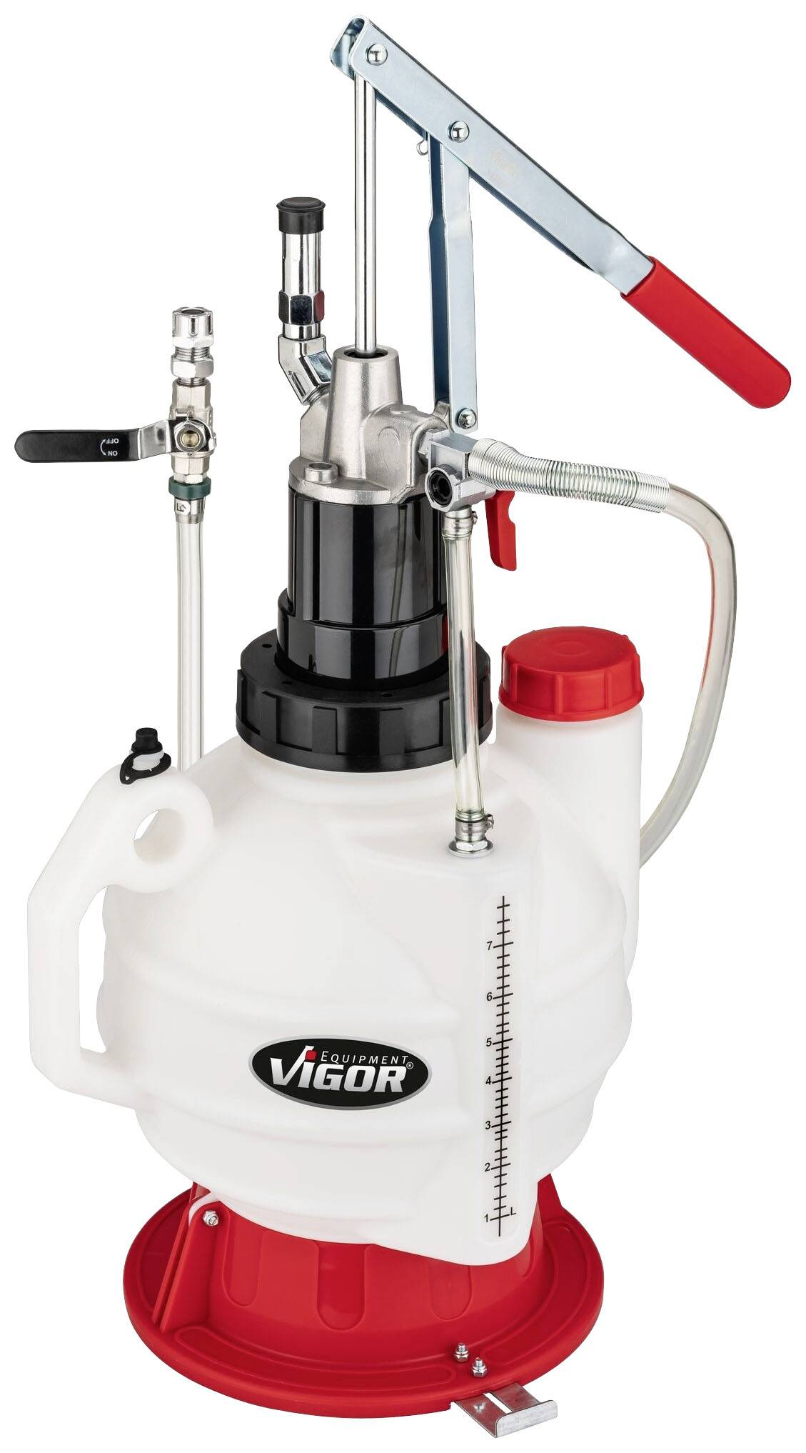 Grote witte pomp met rode en metalen details, geschikt voor het gebruik van vloeistoffen of reinigingsmiddelen.