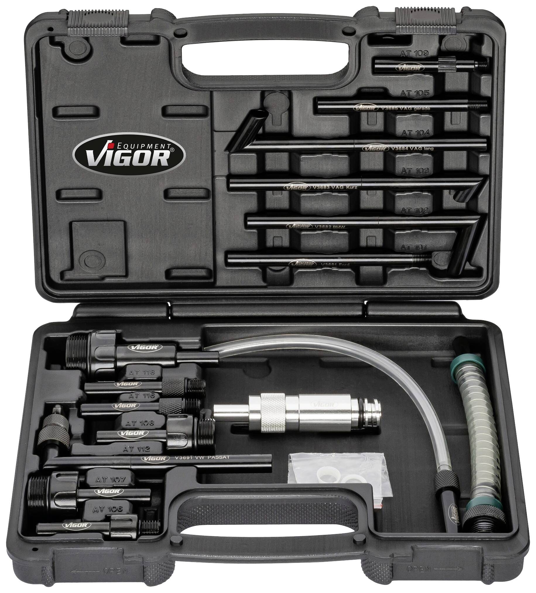 Gereedschapskoffer voor auto's, inclusief sondes, slangen en kleppen. Bovenste gedeelte bevat pinnen, onderste gedeelte adapters en slang. Merknaam 'Vigor'.