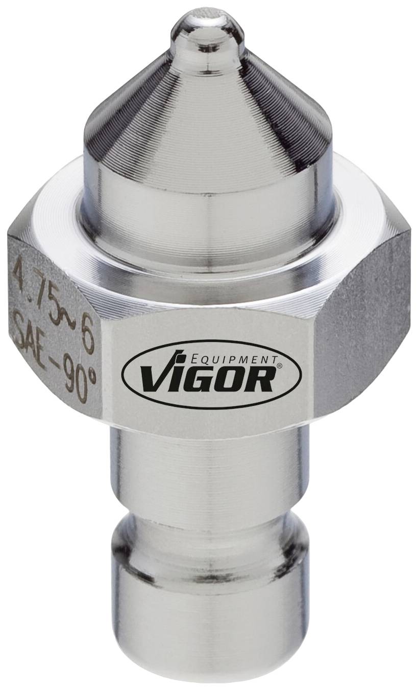 Een zilveren metalen opzetstuk voor gereedschappen met een zeskante schacht en een puntig toelopend hoofd. Logo met opschrift 'Vigor Equipment'.