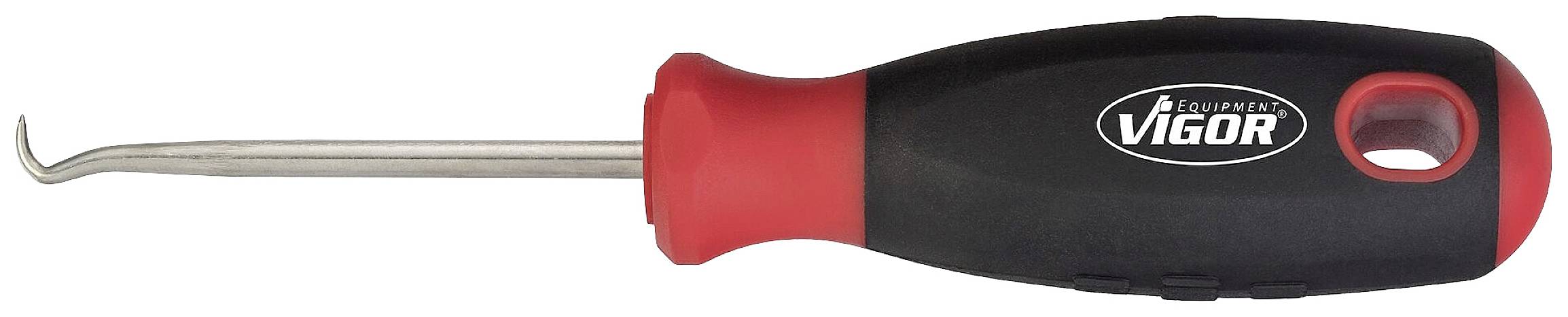 Gereedschap met een rood en zwart handvat en een gebogen metalen punt.