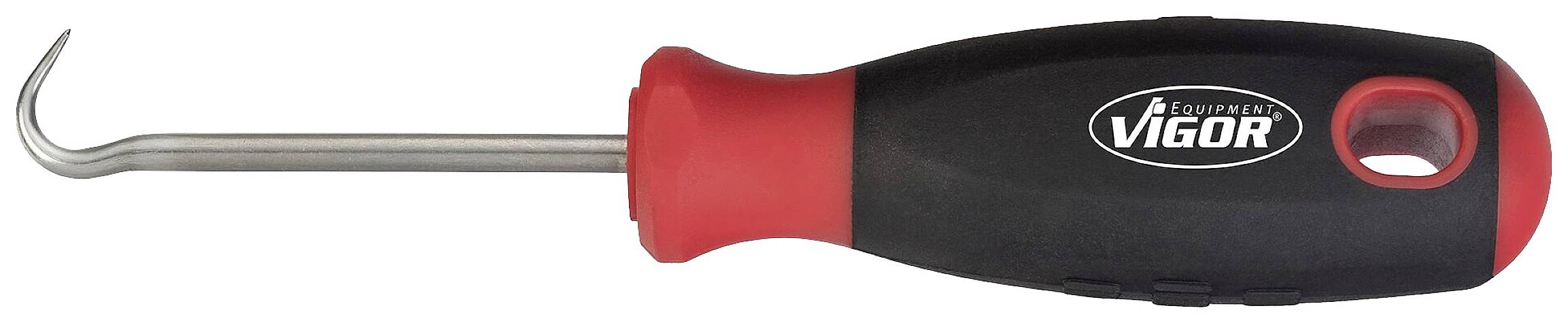 Een gereedschap met een rood en zwart handvat en een gebogen metalen punt. Merk-logo 'Vigor' zichtbaar op het handvat.