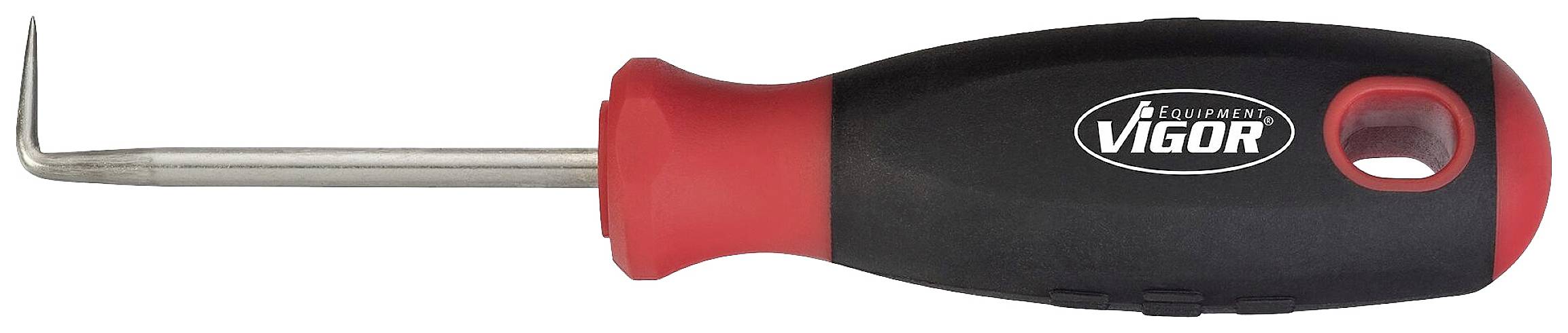 Een haakgereedschap met een rood en zwart handvat, met de merknaam 'Vigor' gedrukt. Geschikt voor het verwijderen van pakkingen of clips.