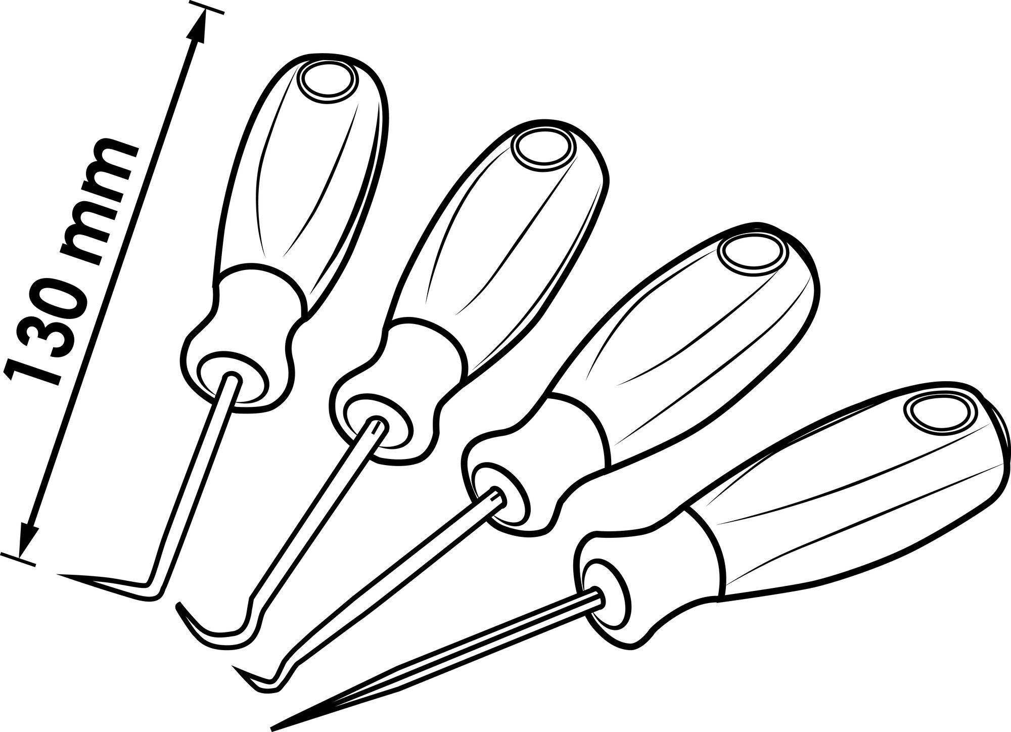 Vier schroevendraaiers met verschillende punten. De eerste is 130 mm lang. Allemaal hebben ze een ergonomische handgreep.