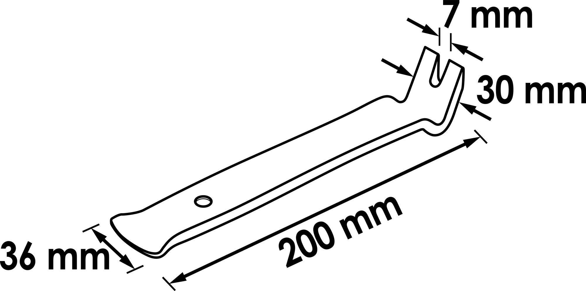 Afgebeeld is een platte stalen hefboom met de volgende afmetingen: lengte 200 mm, breedte 36 mm, vertandingsbreedte 30 mm, vertandingsdiepte 7 mm.
