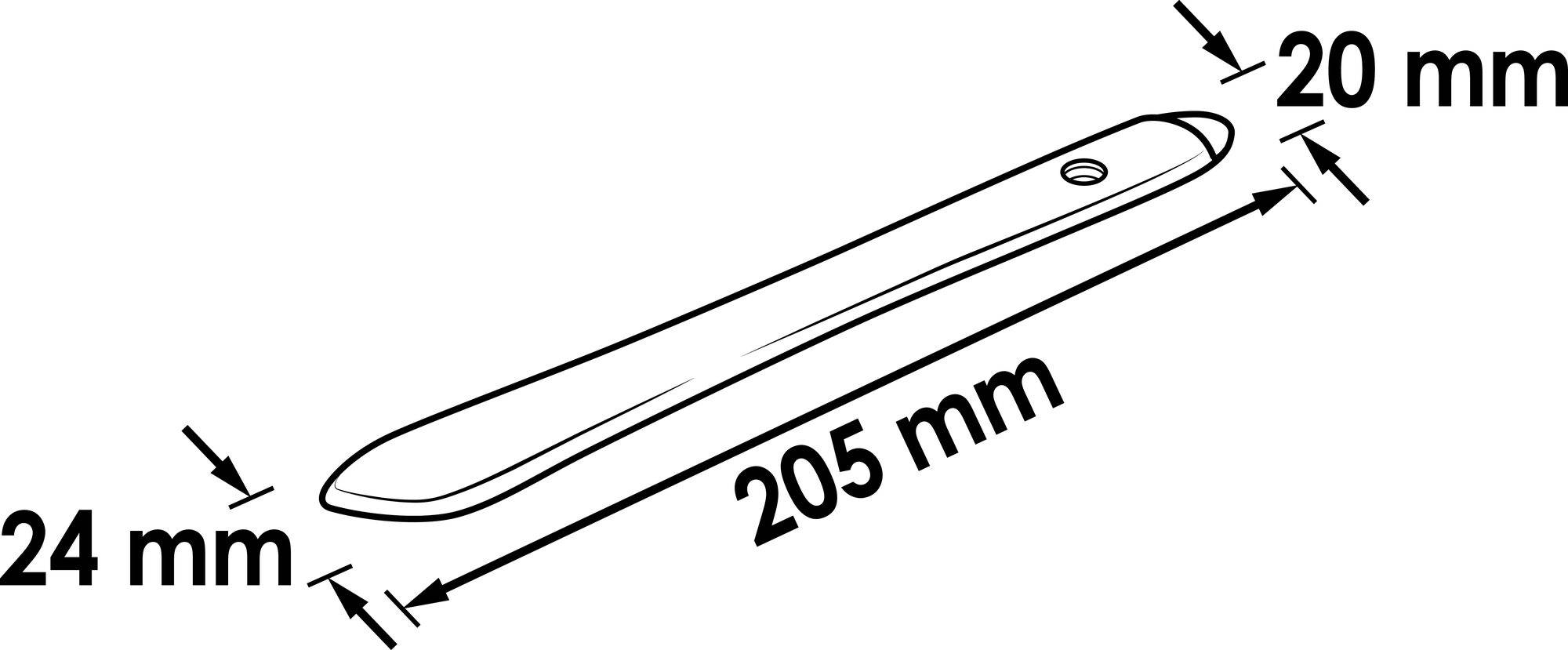 Schets van een hefboom met afmetingen: lengte 205 mm, breedte 24 mm aan het ene uiteinde, 20 mm aan het andere uiteinde. Bevat een gat.