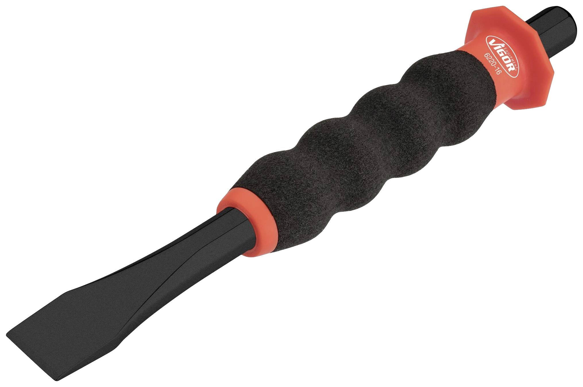 Een zwarte beitel met rode handgreep en ergonomische vorm voor handwerk of bouwwerkzaamheden.