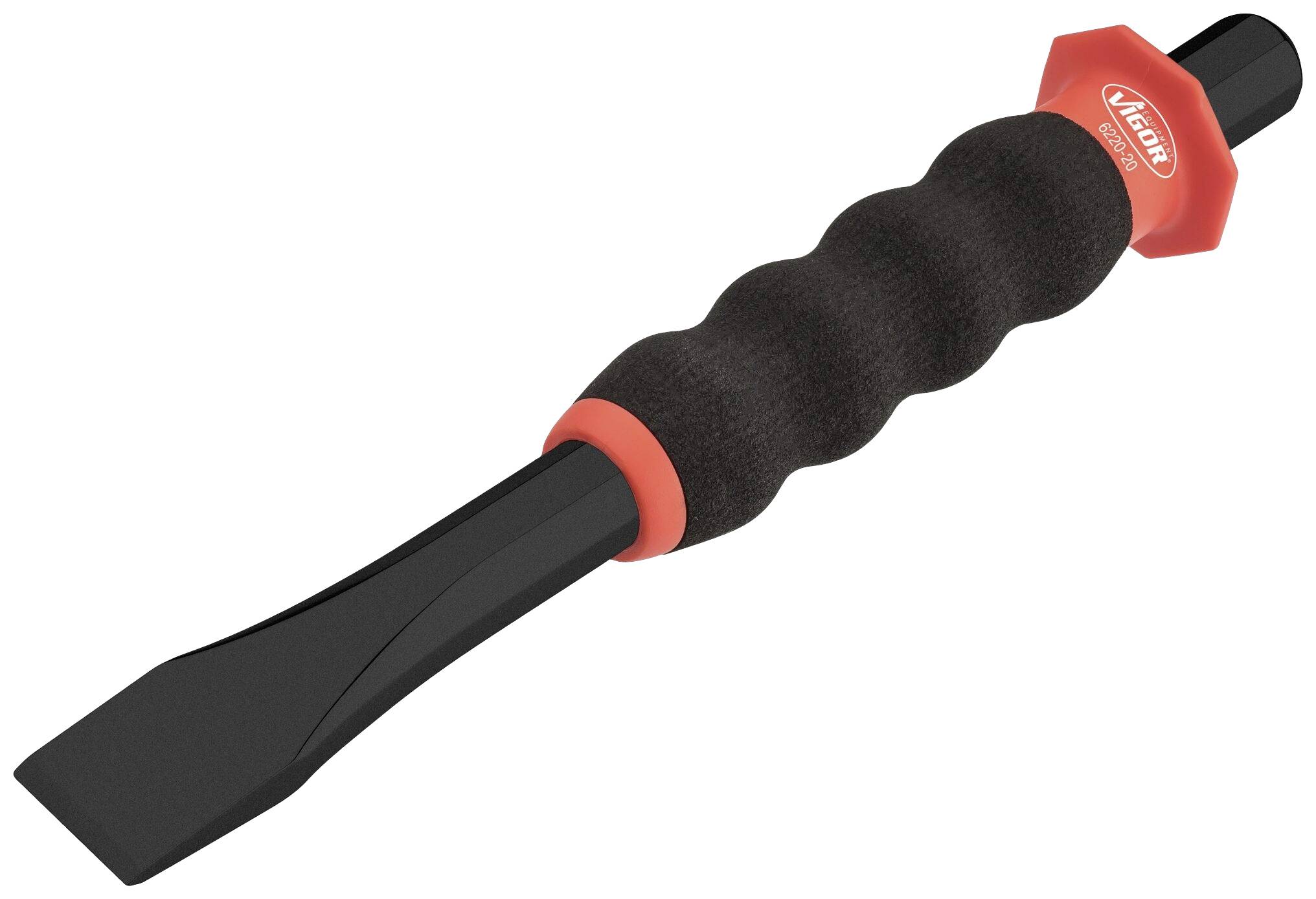 Beitel met ergonomische, gerubberde handgreep en een zwart, plat metalen uiteinde. Merklogo 'Vigor' op het rode einde van de handgreep.
