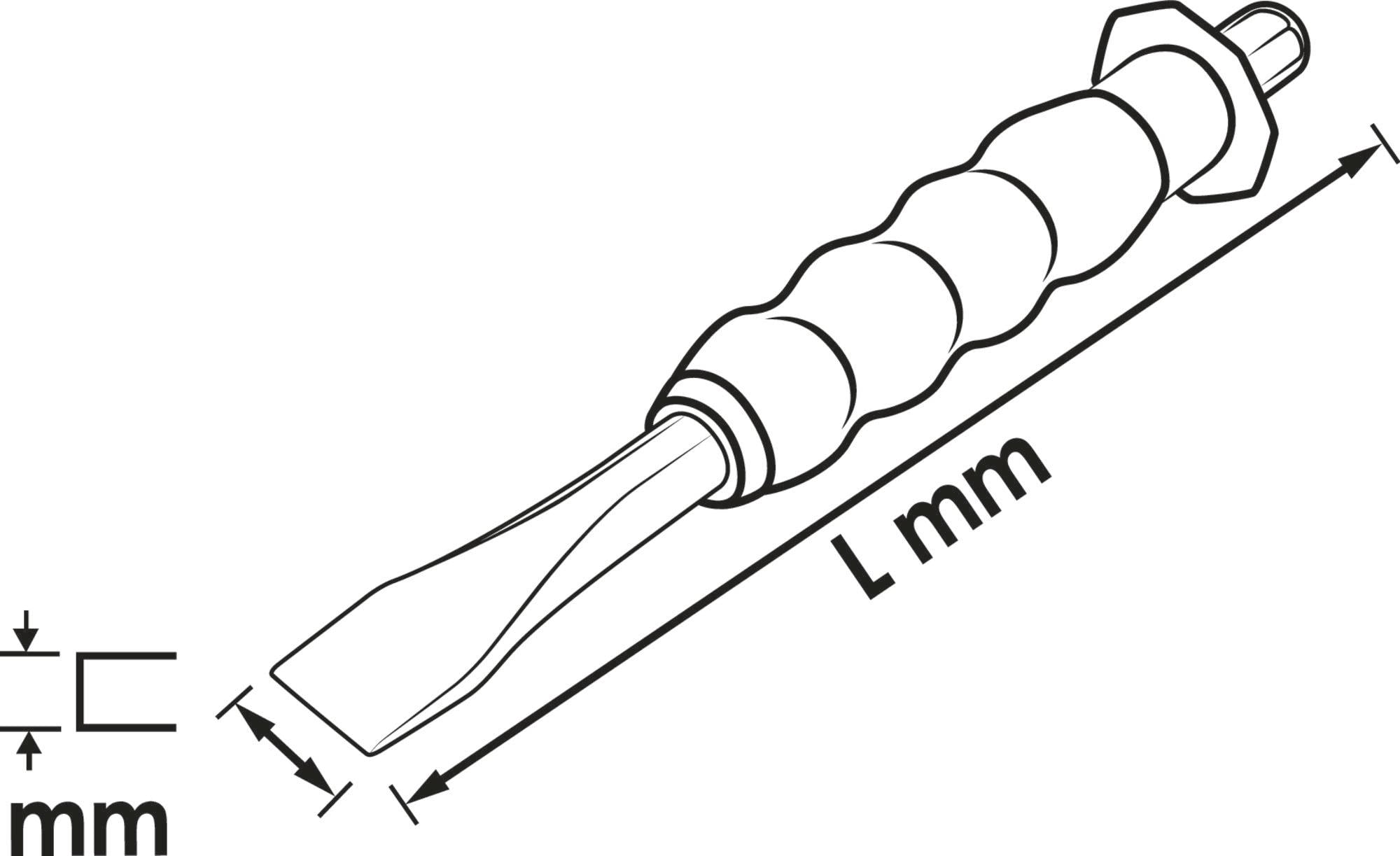 Illustratie van een schroevendraaier met handvat en lemmet. Lengte 'L mm' en diameter 'C mm' zijn vermeld.