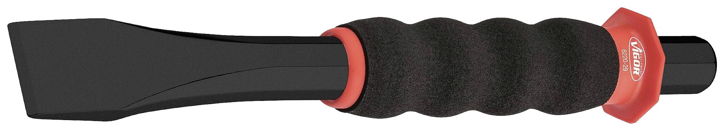 Zwarte handgreep met rode accenten op een gereedschap, ergonomisch gevormd voor een stevige grip.