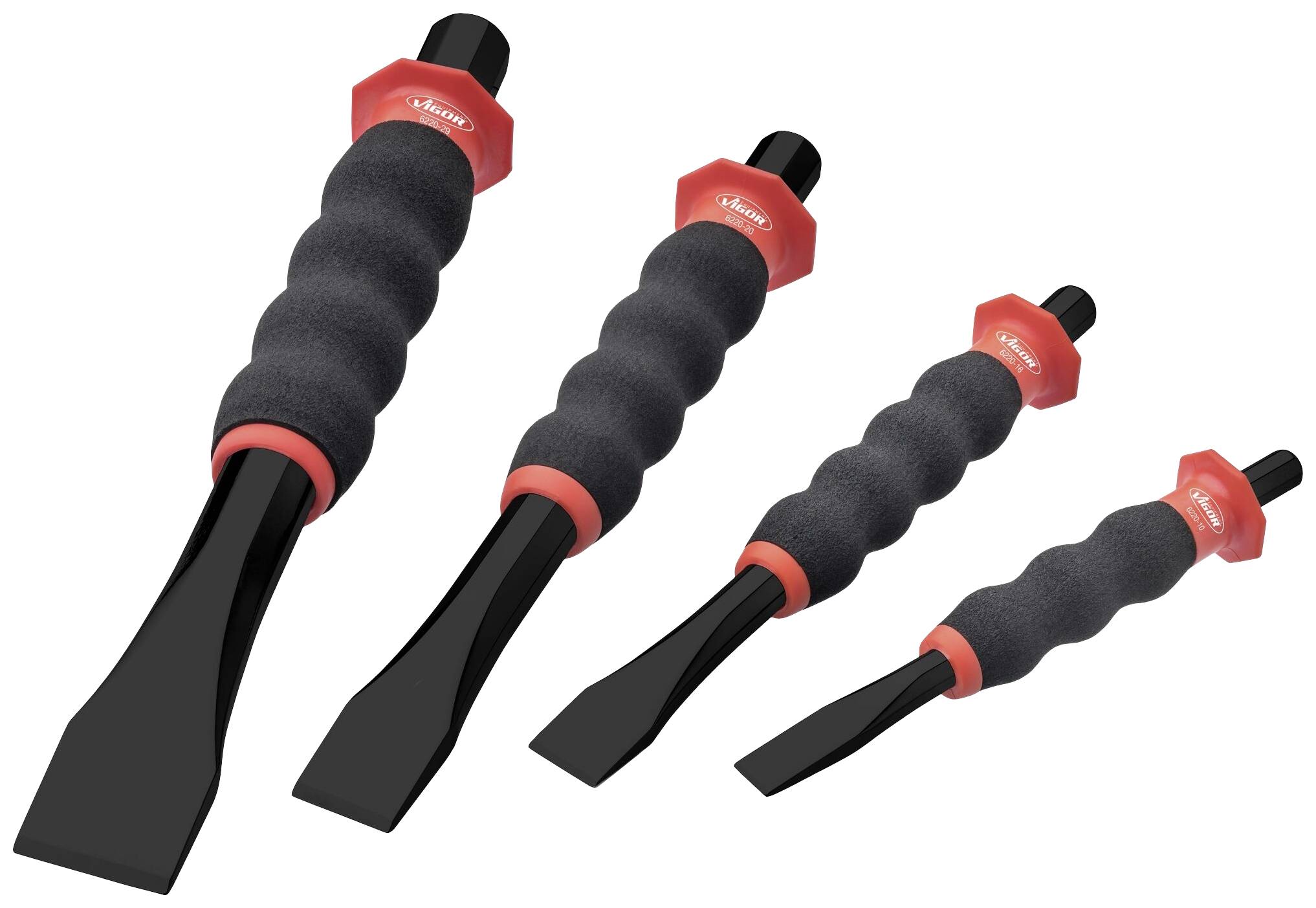 Vier zwarte en rode beitels van verschillende groottes met ergonomische handgrepen liggen op volgorde van oplopende grootte.
