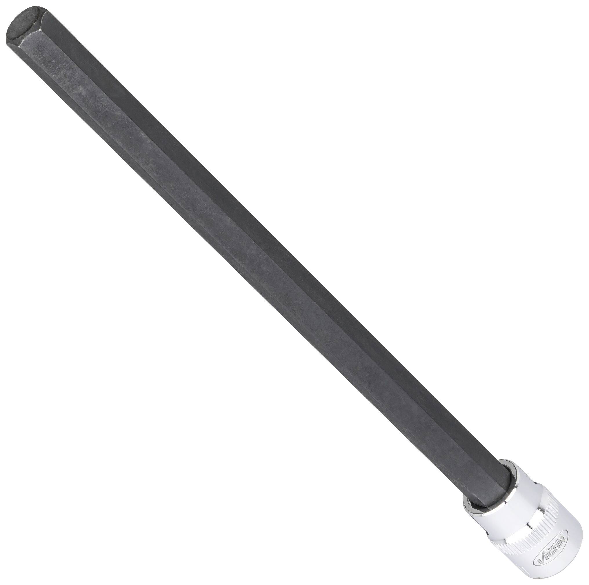 Het beeld toont een lange, zwarte zeskantbit met een zilveren fitting aan de onderkant.