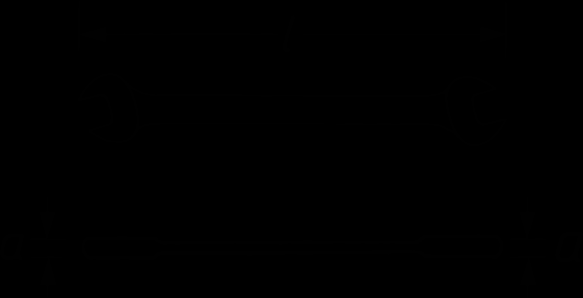 Technische tekening van een moersleutel. Boven bovenaanzicht met lengte 'l', onder zijaanzicht met breedte 'a'.