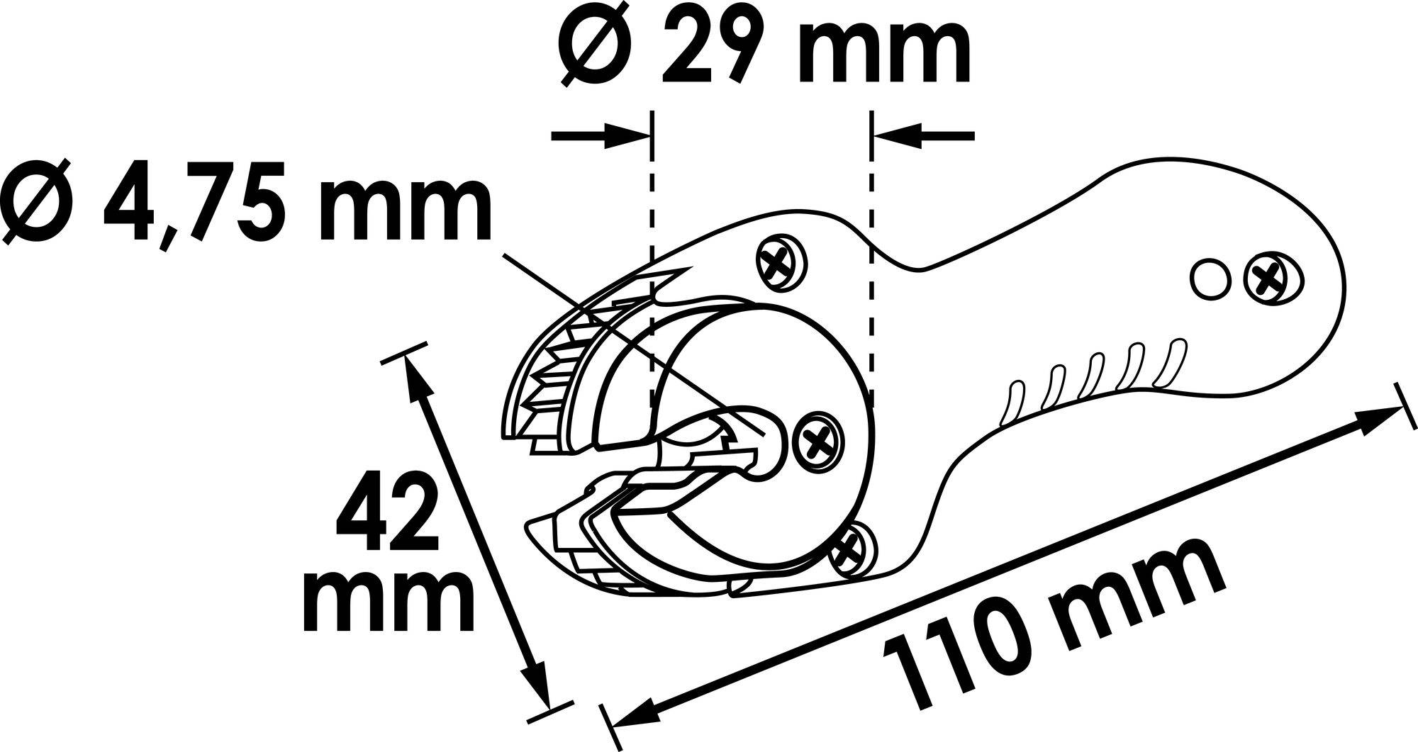 Technische tekening van een gereedschap met de volgende afmetingen: lengte 110 mm, diameter 4,75 mm en 29 mm, hoogte 42 mm.