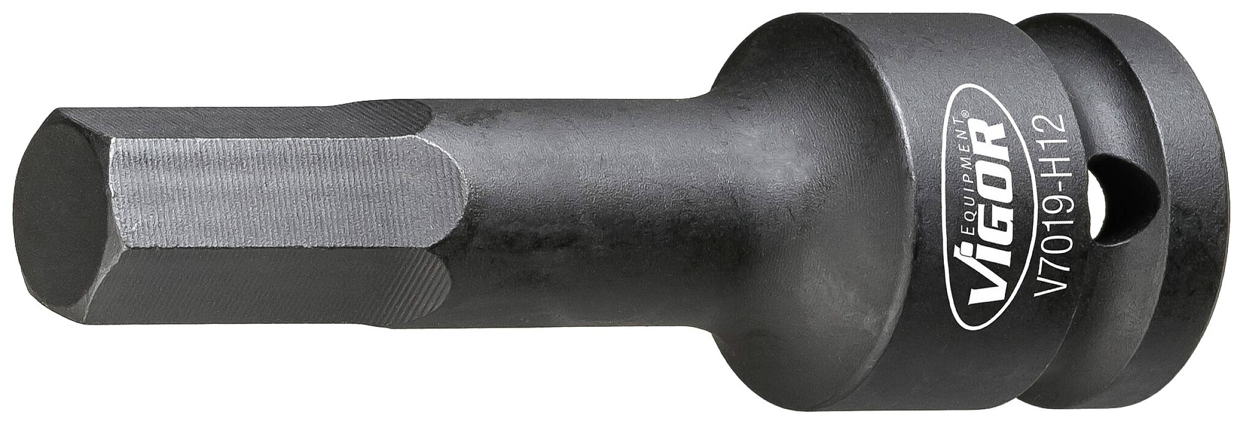 Zeskant-bit van staal met opschrift 'VIGOR V7019-H12', cilindrische vorm, geschikt voor gebruik met een draaigereedschap.
