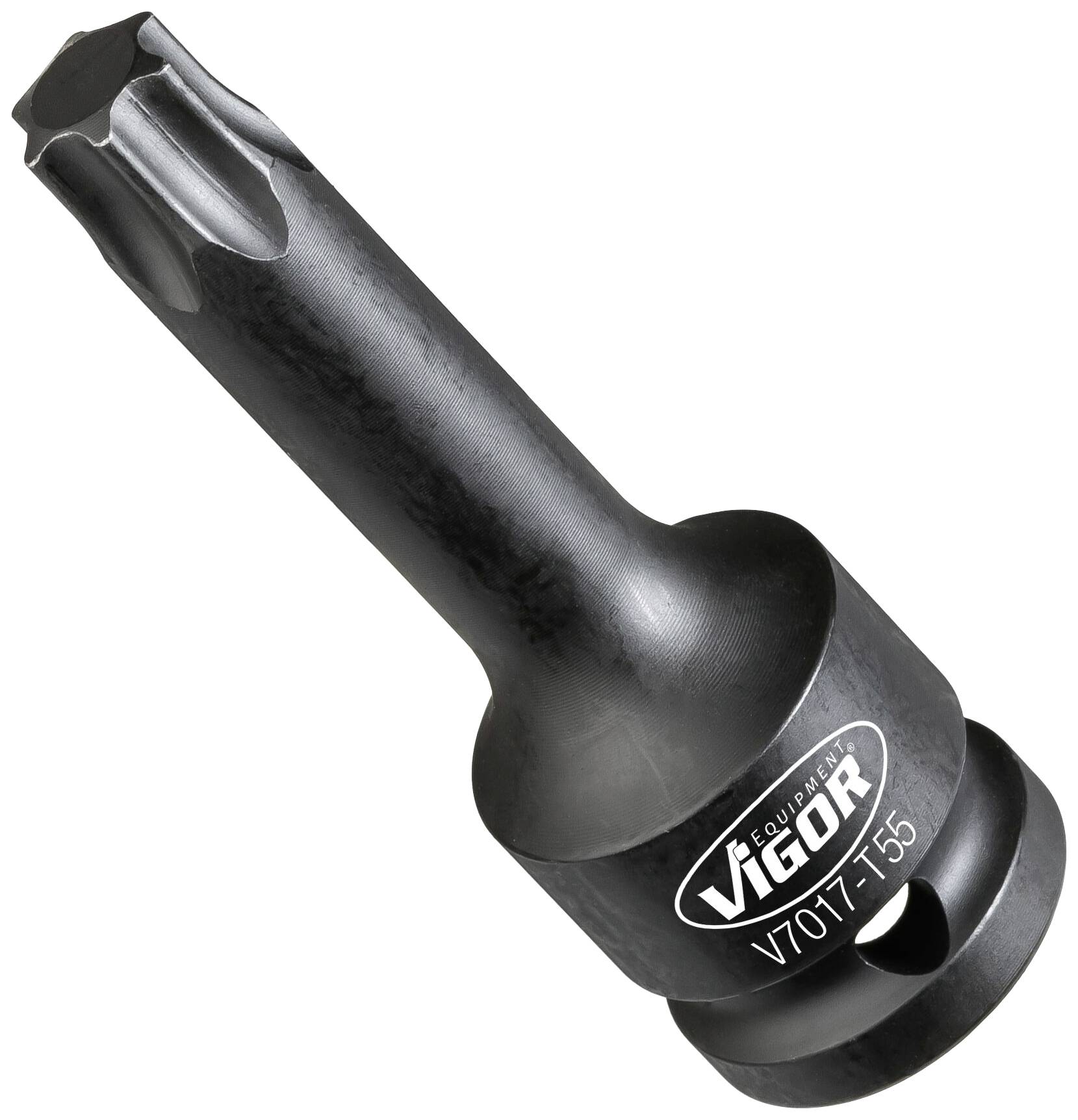 Zwarte zeskantschroevendraaier-inzet van Vigor, model V7017-T55, ligt schuin. Geschikt voor Torx-schroeven.