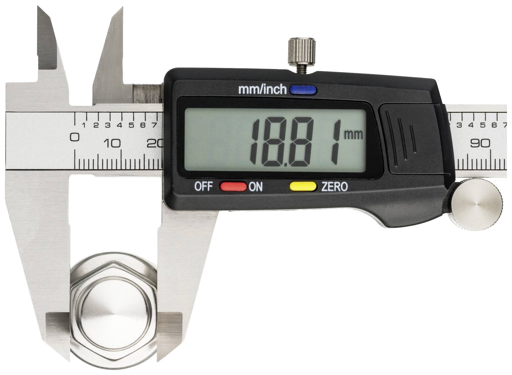Een digitale schuifmaat toont een meting van 18,81 mm.