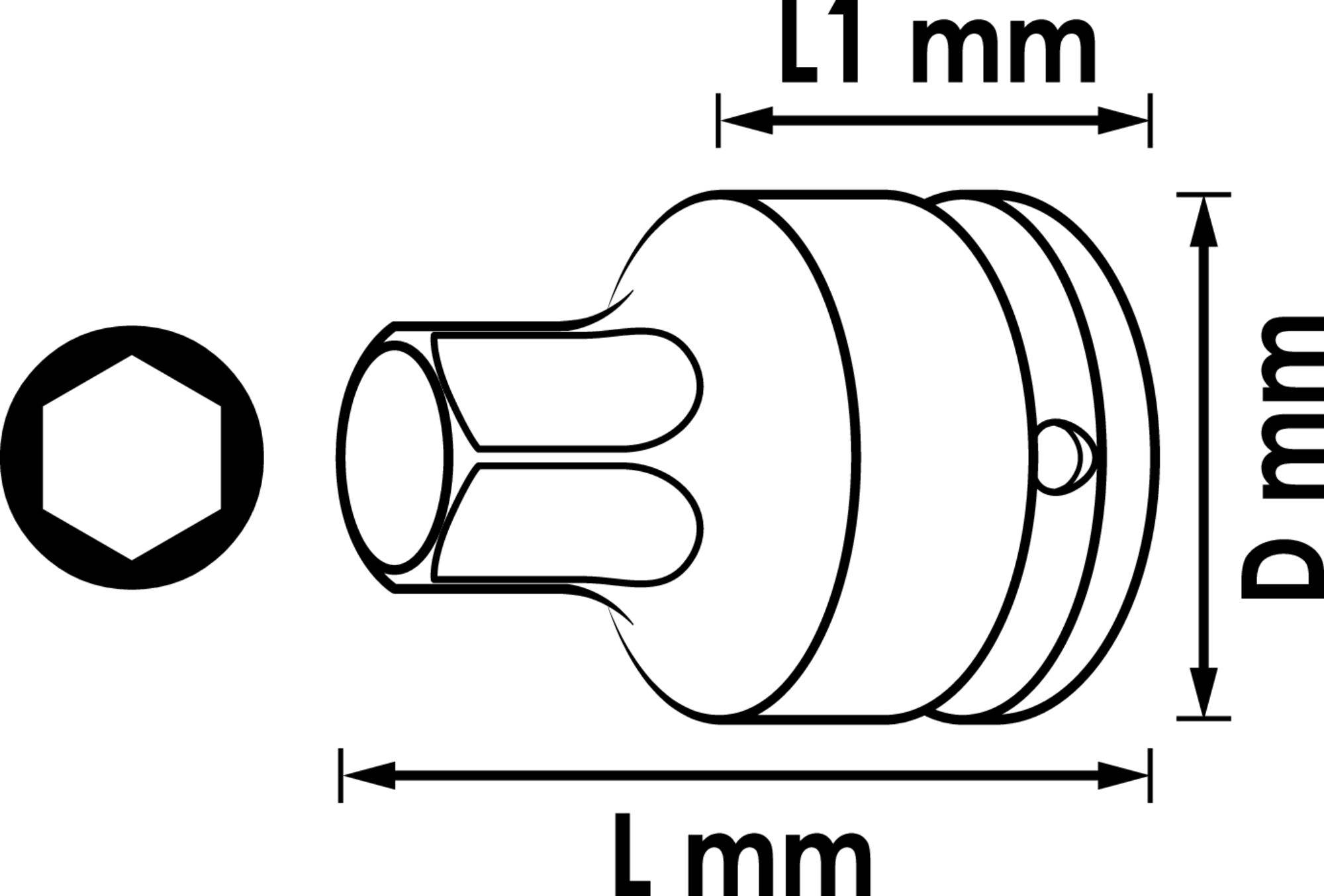 Technische tekening van een zeskante bus met afmetingen L mm, L1 mm en D mm, ter illustratie van de verhoudingen.