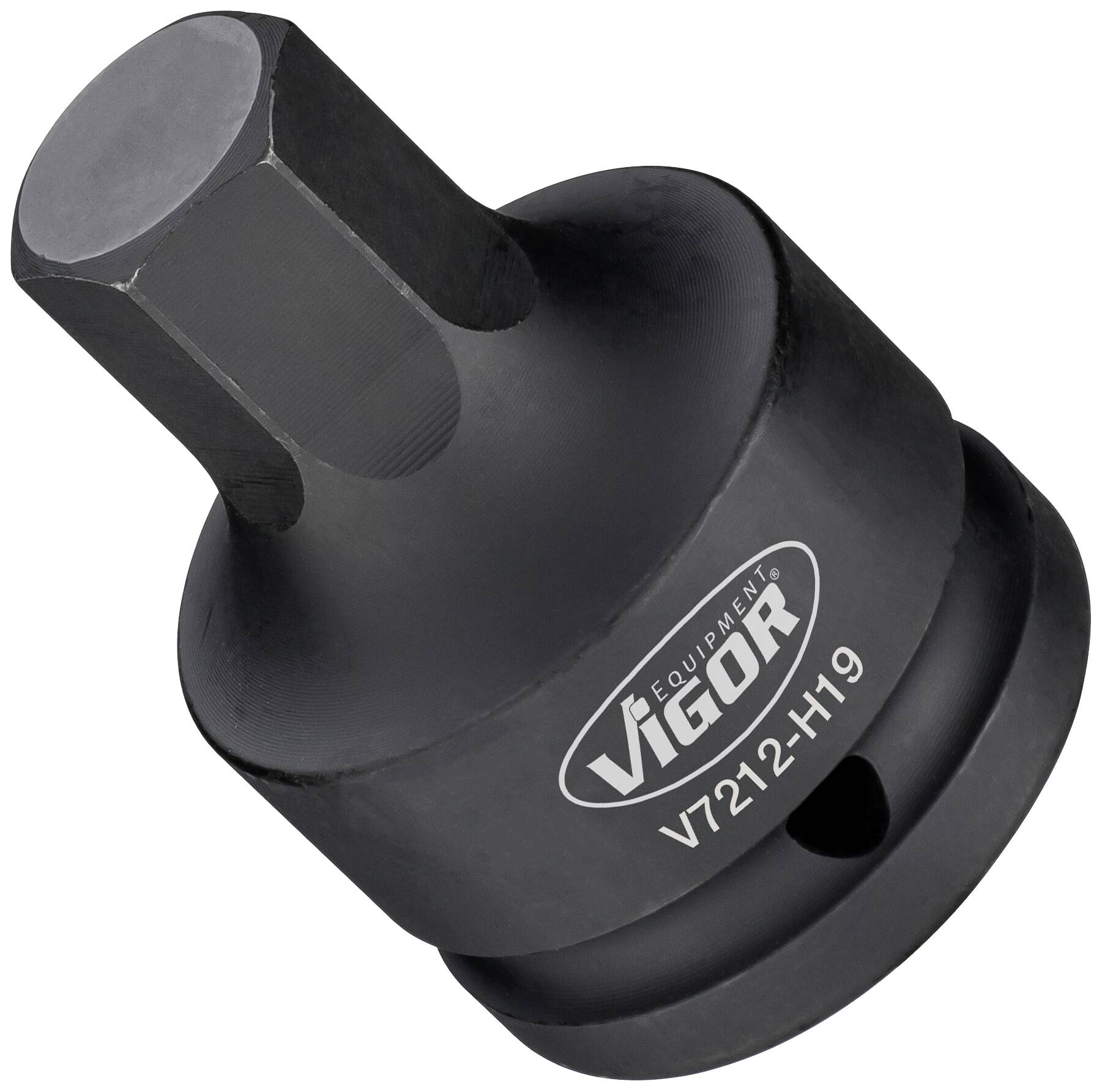 Adapter van zwart metaal met zeshoekige opname, gemarkeerd met 'Vigor V7212-H19'.