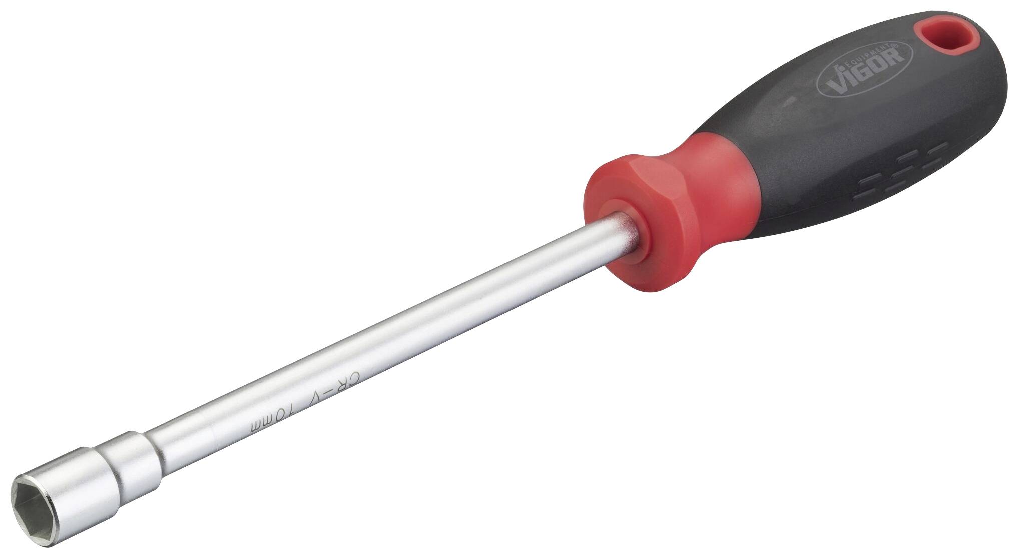 Zeskant-schroevendraaier met een rood en zwart handvat. De steel is van metaal. Gereedschap voor het vastmaken of losdraaien van schroeven.