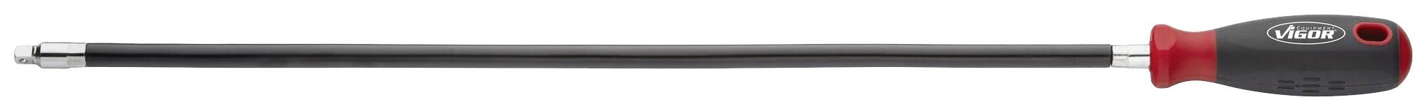 Een lange schroevendraaier met een zwarte handgreep en rode punt ligt horizontaal.
