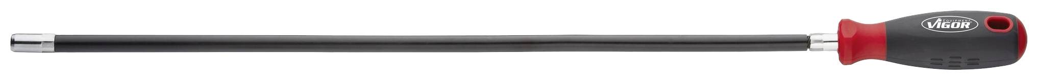Lange, zwarte schroevendraaier met ergonomische handgreep en zilveren punt, geschikt voor moeilijk bereikbare plaatsen.