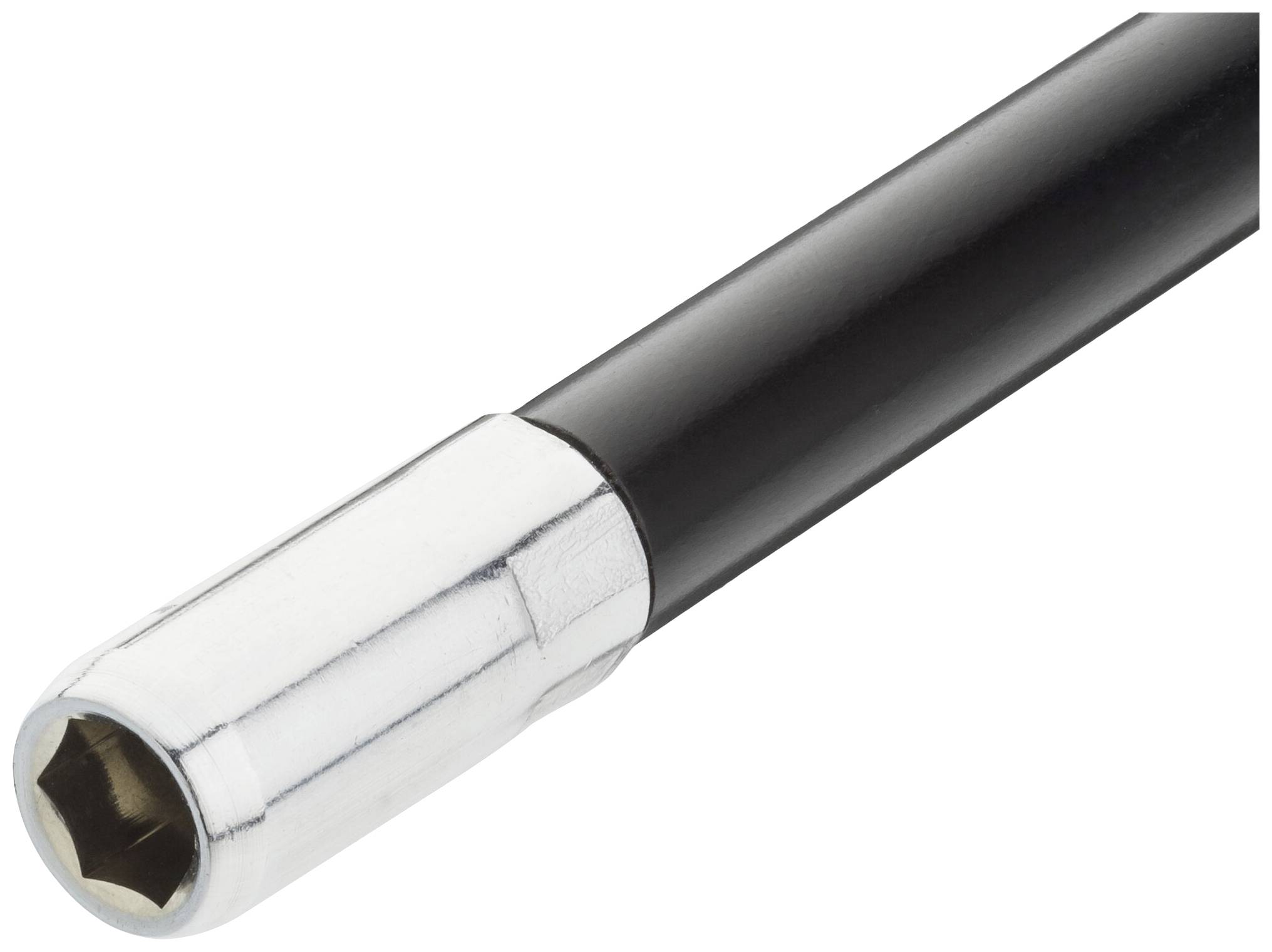 Een lange, zwarte moersleutel met een zeskante metalen kop aan het uiteinde, geschikt voor moeilijk bereikbare schroeven.