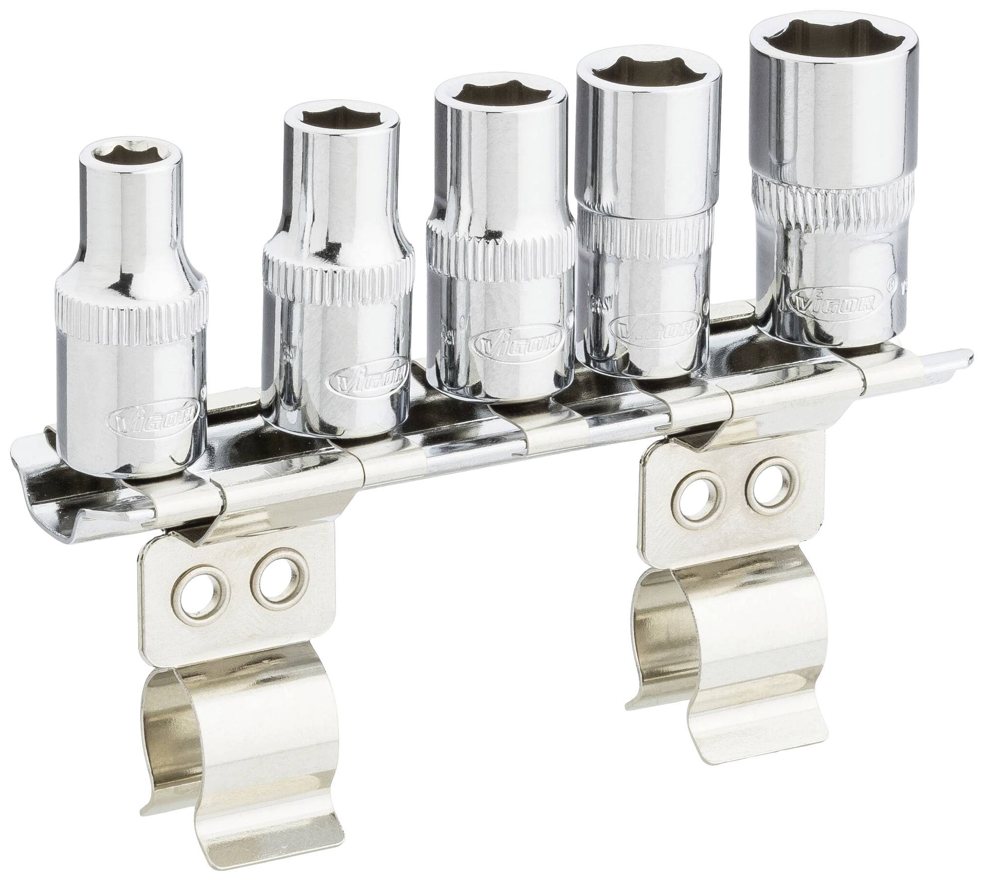 Vijf steeksleutels in verschillende maten op een houder. Ze zijn gemaakt van glanzend metaal en zien er nieuw en ongebruikt uit.