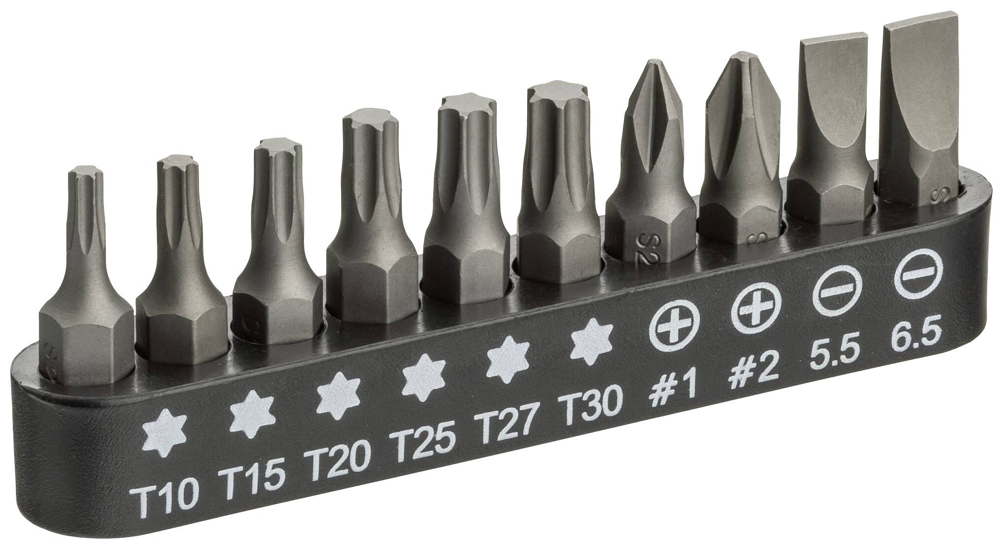 Een set Torx- en kruiskopbitjes in verschillende maten, geplaatst in een houder. Geschikt voor schroevendraaiers en elektrische gereedschappen.