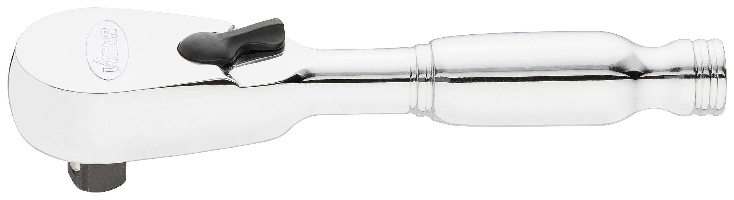 Chroomkleurige ratelsleutel, compact en ergonomisch ontworpen, met een draaibare kop voor veelzijdige toepassingsmogelijkheden.