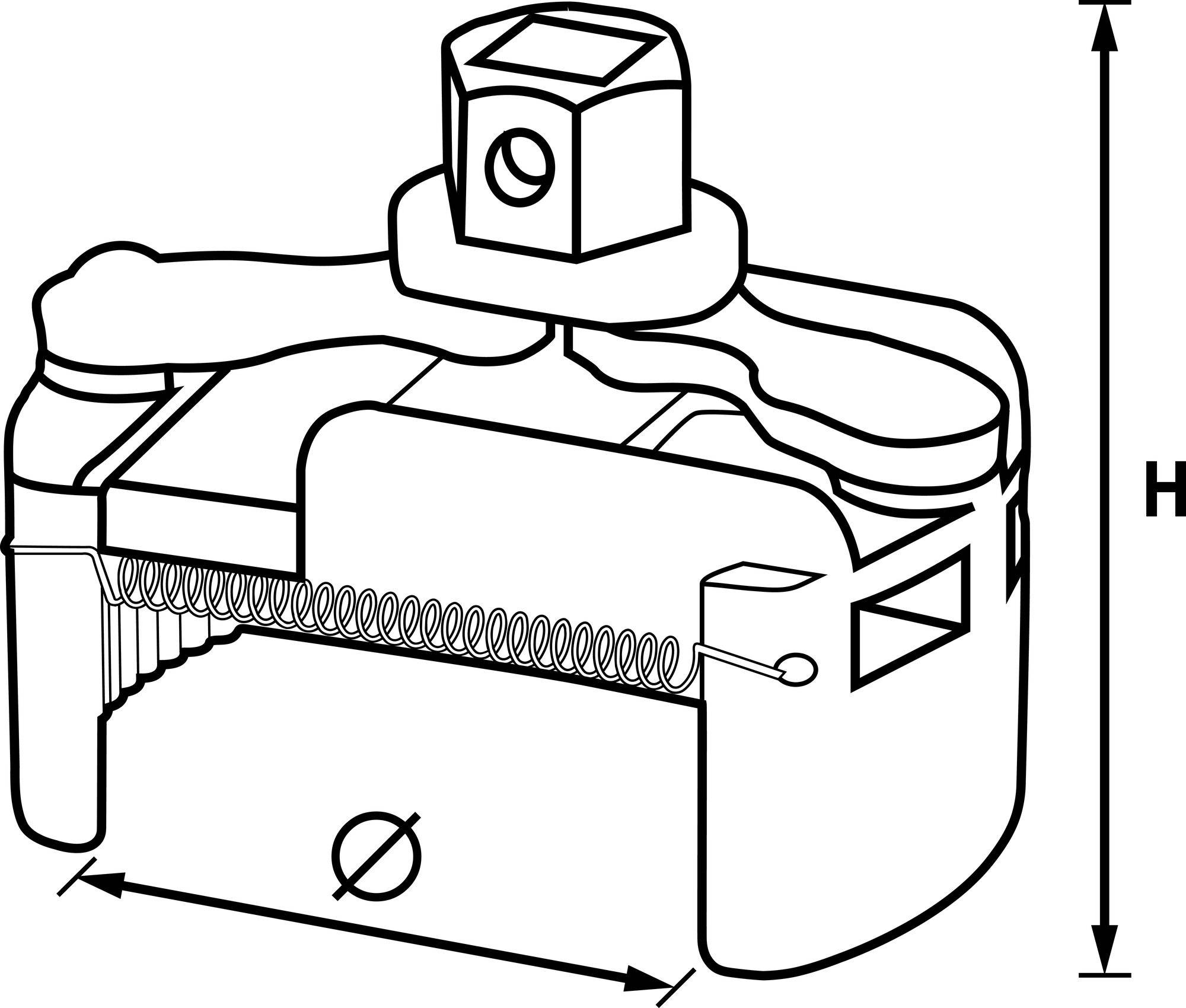 Technische tekening van een mechanisch onderdeel met veer en meetpunten; toont diameter en hoogte.