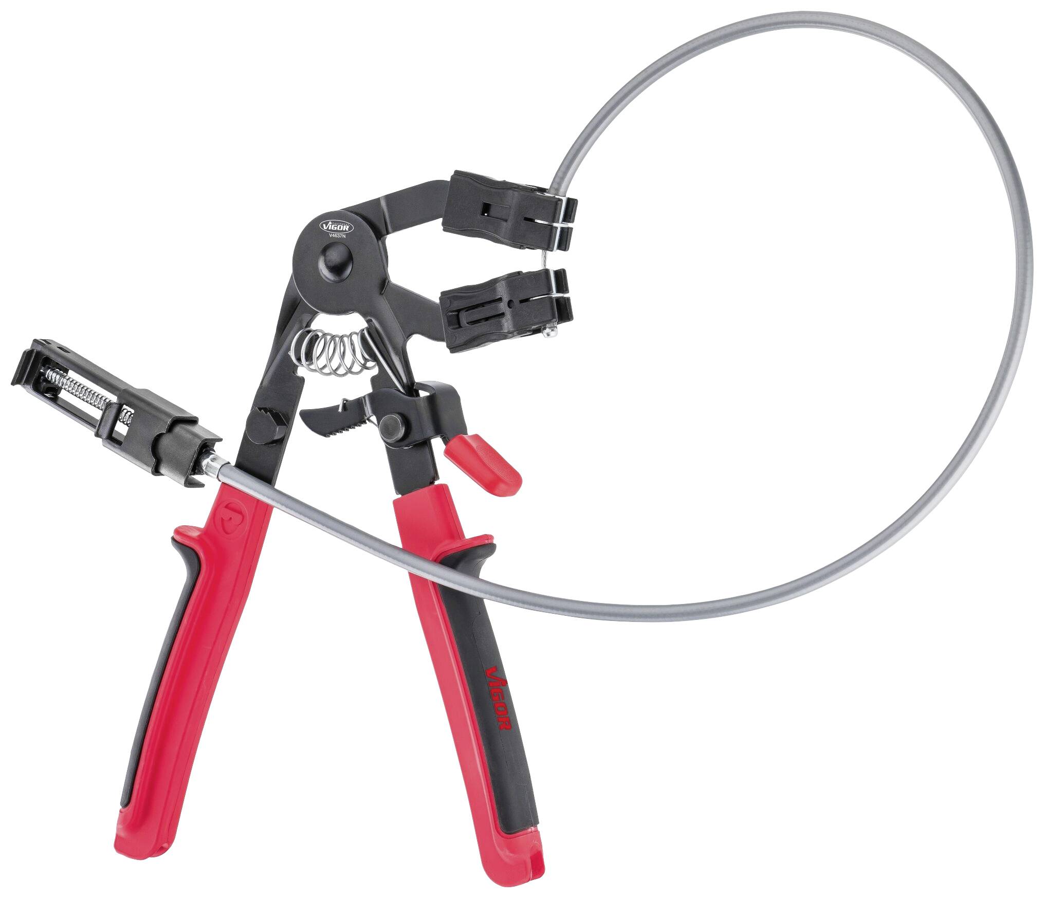 Tang met rode handgreep en flexibel kabel voor moeilijk bereikbare plaatsen. Deze wordt gebruikt om klemmen stevig te grijpen en te verwijderen.