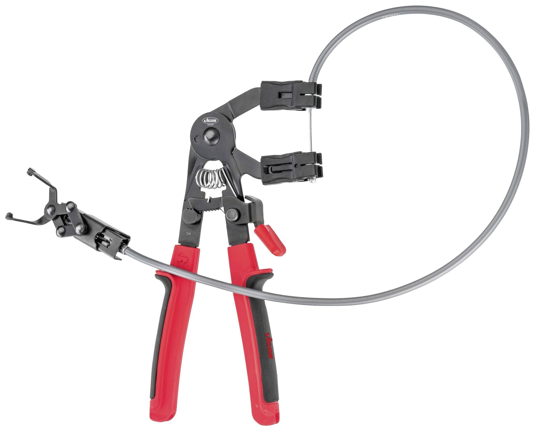 Een speciaal gereedschap met een rood en zwart handvat, ontwikkeld voor het aantrekken van slangklemmen met een lange flexibele kabel.