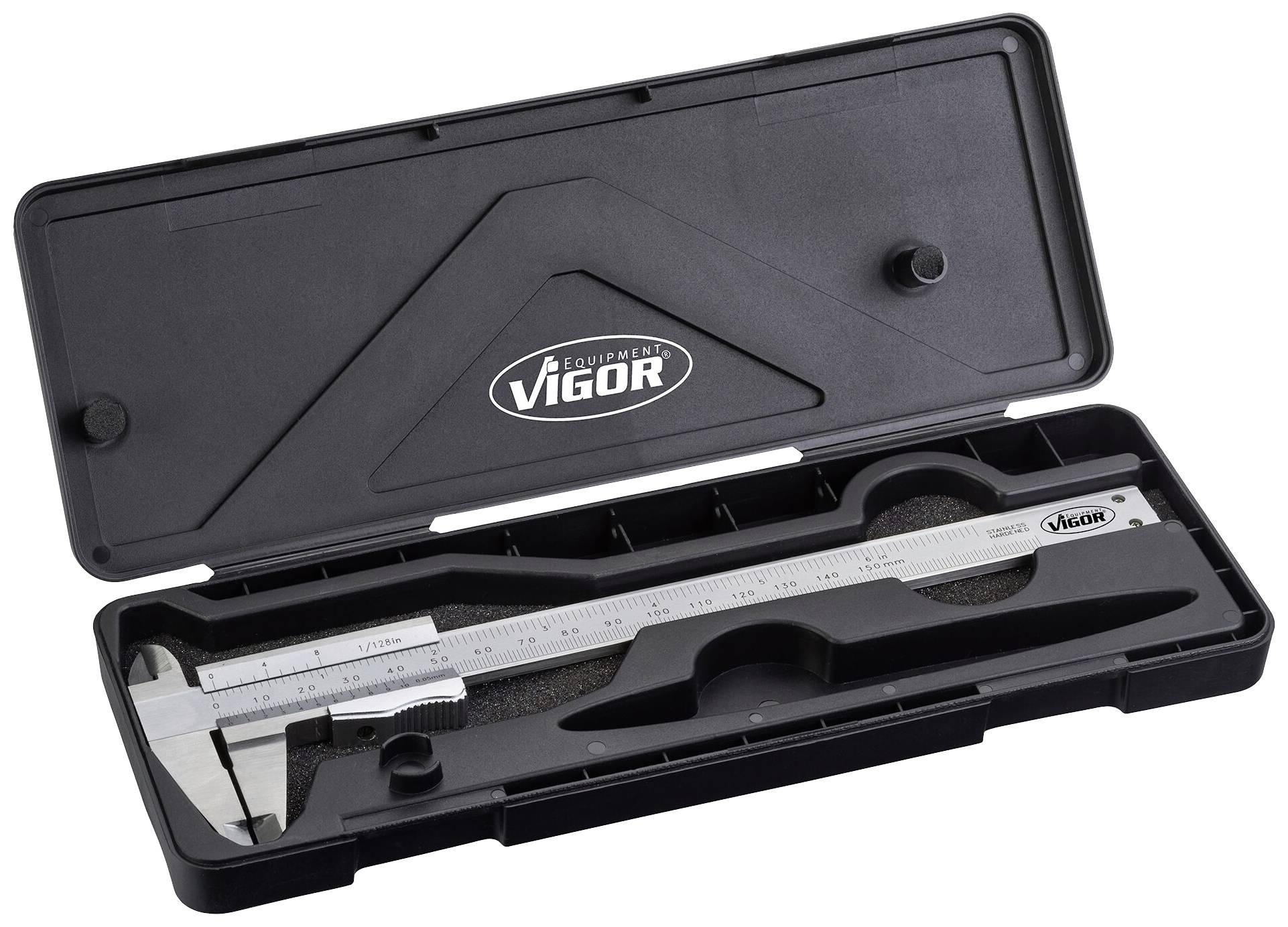 Een metalen schuifmaat in een zwart kunststof etui met het opschrift 'Vigor' op de deksel. Ideaal voor nauwkeurige metingen.