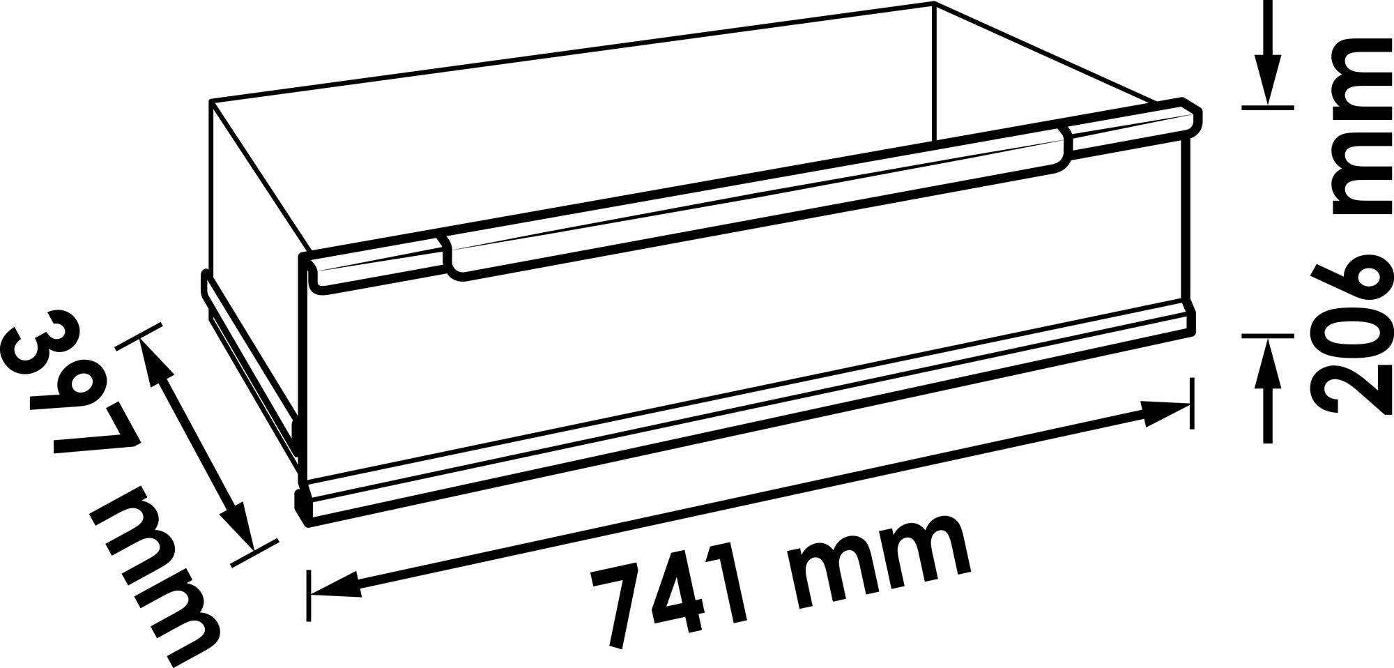Afbeelding van een lade met de afmetingen 741 mm breedte, 206 mm hoogte en 397 mm diepte.
