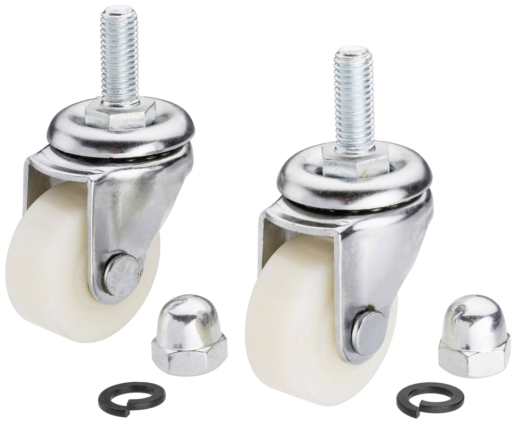 Twee metalen zwenkwielen met witte kunststof wielen, inclusief moeren en sluitringen. Geschikt voor meubels of apparatuur.