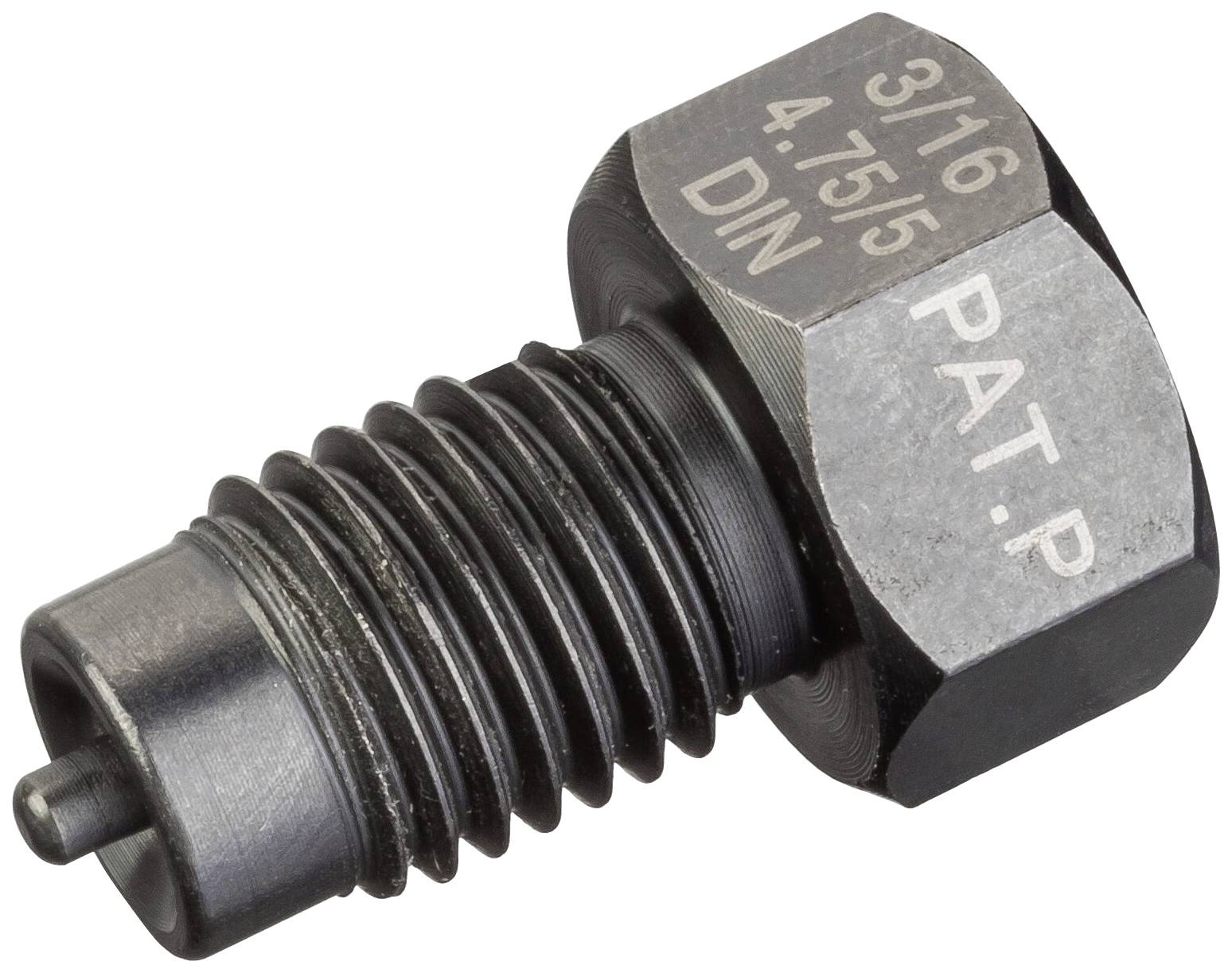 Een metalen schroef met schroefdraad met de opschrift '3/16 4.75/5 DIN PAT.P', vermoedelijk technisch of industrieel gebruikt.