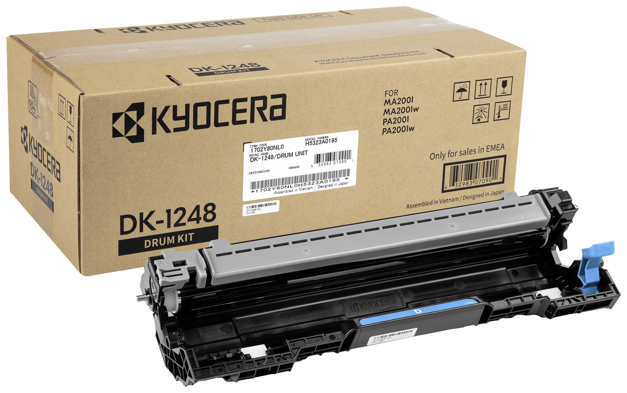 Kyocera-drumunit DK-1248 met verpakking. Reserveonderdeel voor printers, geschikt voor modellen PA2001 en PA2100w. Verkoop uitsluitend in EMEA.