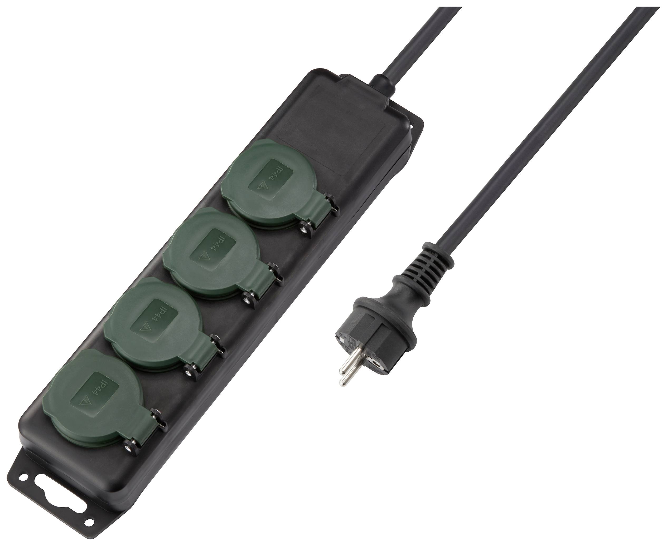 Zwarte stekkerdoos met vier groene stopcontacten en een zwart snoer met stekker, geschikt voor binnenshuis.