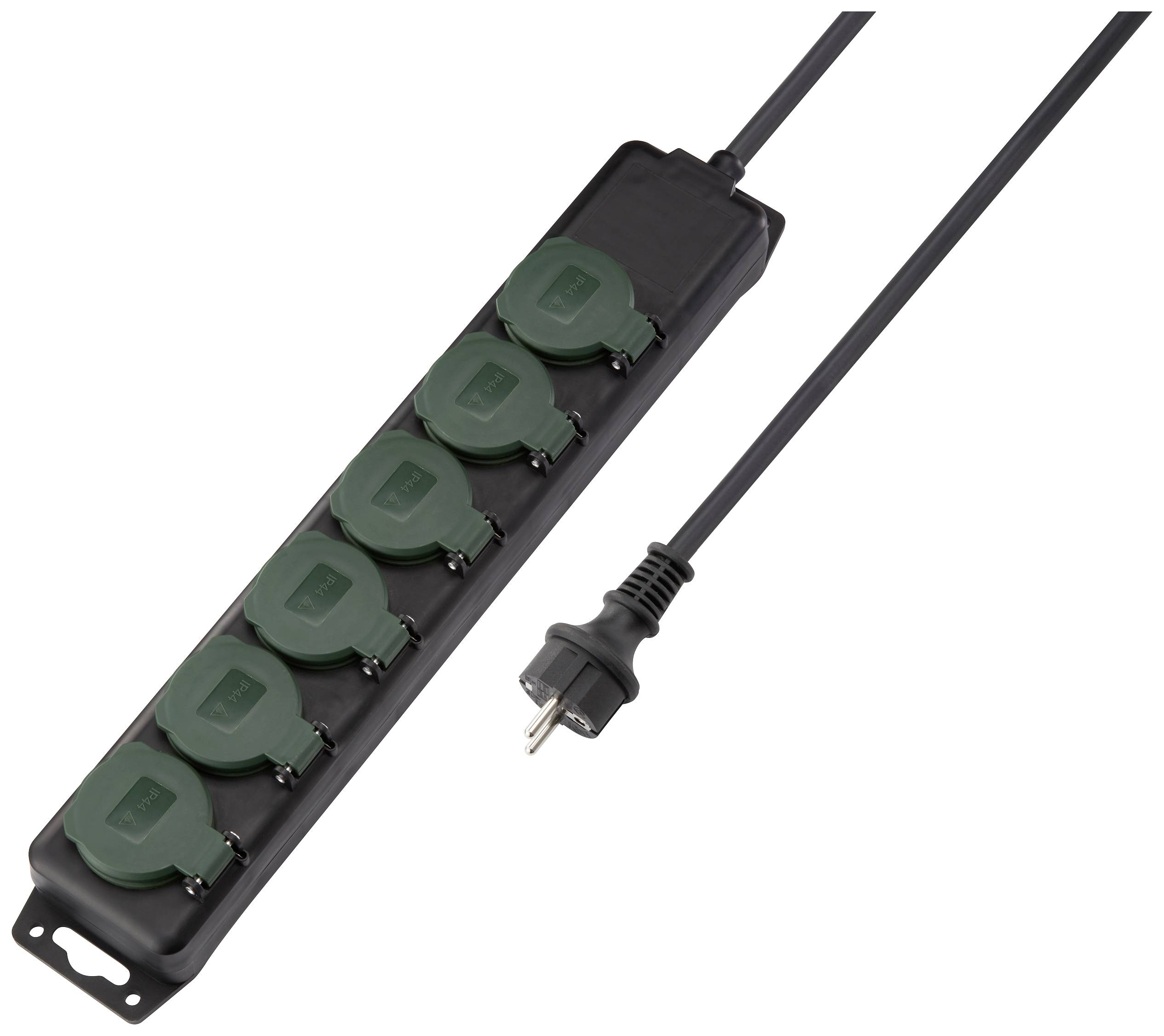 Zwarte stekkerdoos met zes groene, gesloten beschermklepjes en een netsnoer met stekker. Ideaal voor meerdere aansluitingen.