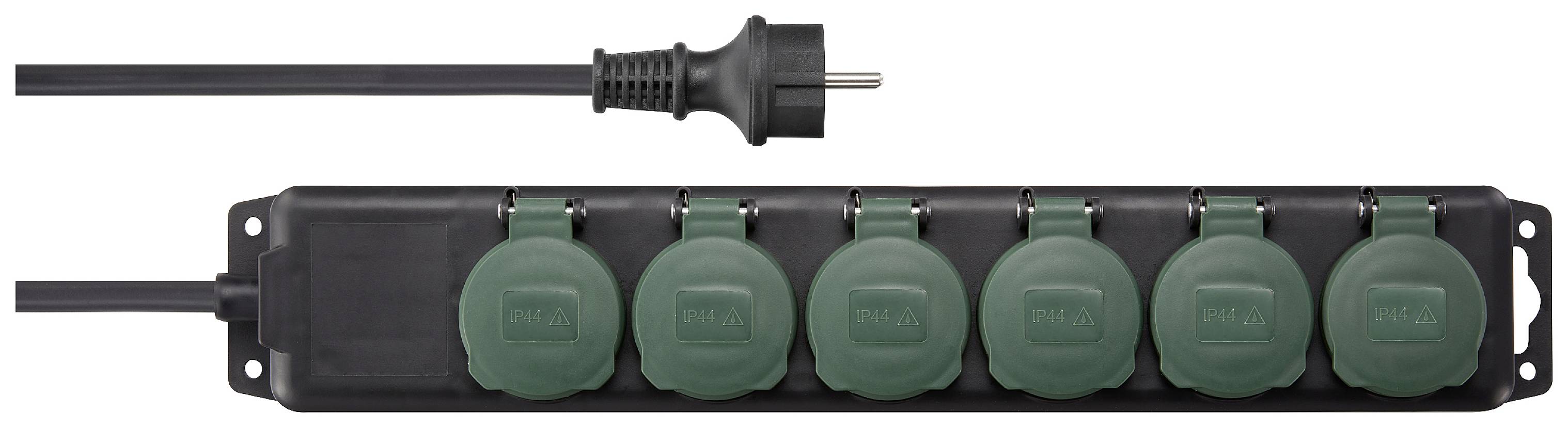 Zesmaal stopcontactstrip met zwart snoer en groene veiligheidsafdekking. Geschikt voor het aansluiten van meerdere apparaatstekkers.
