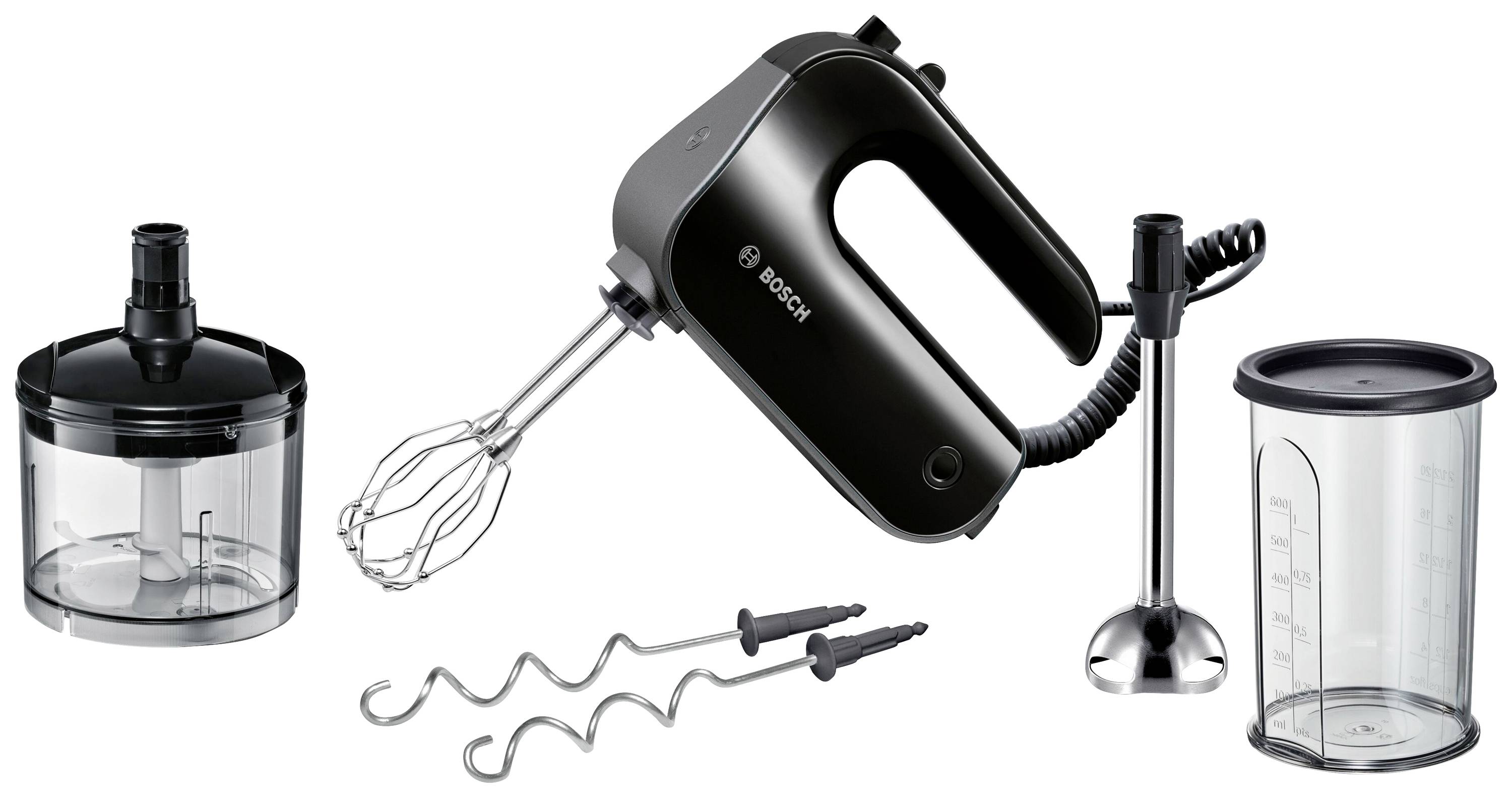 Zwarte handmixer-set met garden, deeghaken, hakselaar en mixopzetstuk. Bevat maatbeker en toebehoren. Ideaal voor het bakken.