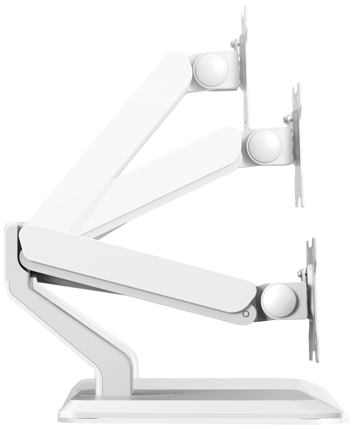 Een verstelbare monitorarm in het wit met drie scharnieren, die verschillende kantelvarianten laat zien. Ideaal voor ergonomische werkplekken.