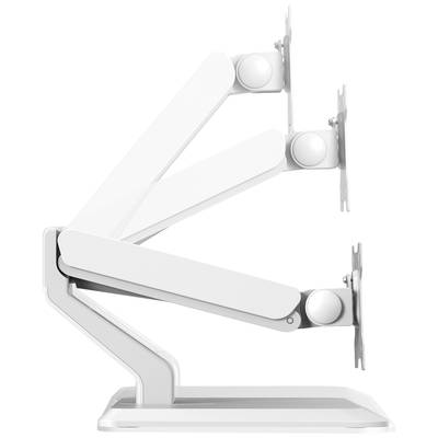 Een verstelbare monitorarm in het wit met drie scharnieren, die verschillende kantelvarianten laat zien. Ideaal voor ergonomische werkplekken.
