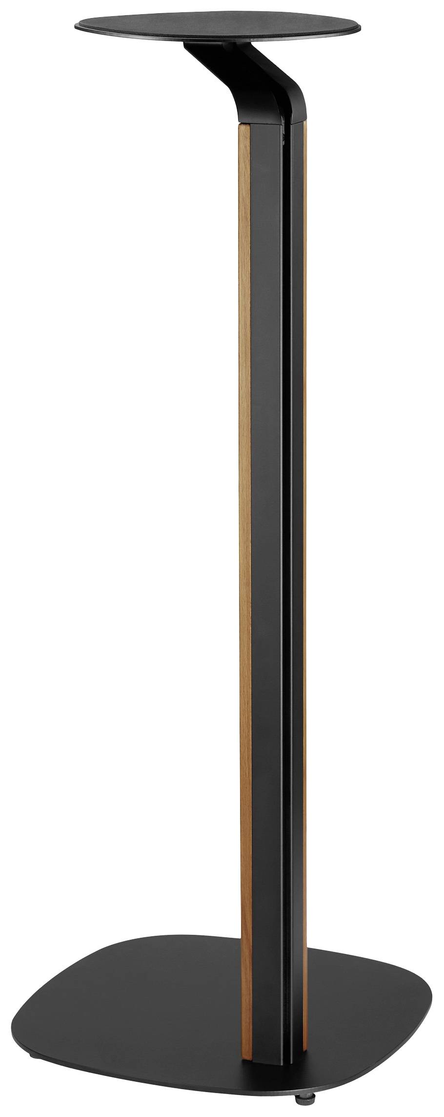 Een moderne luidspreker standaard van zwart metaal met houten accenten, een rechthoekige voet en een rond plateauoppervlak bovenaan.