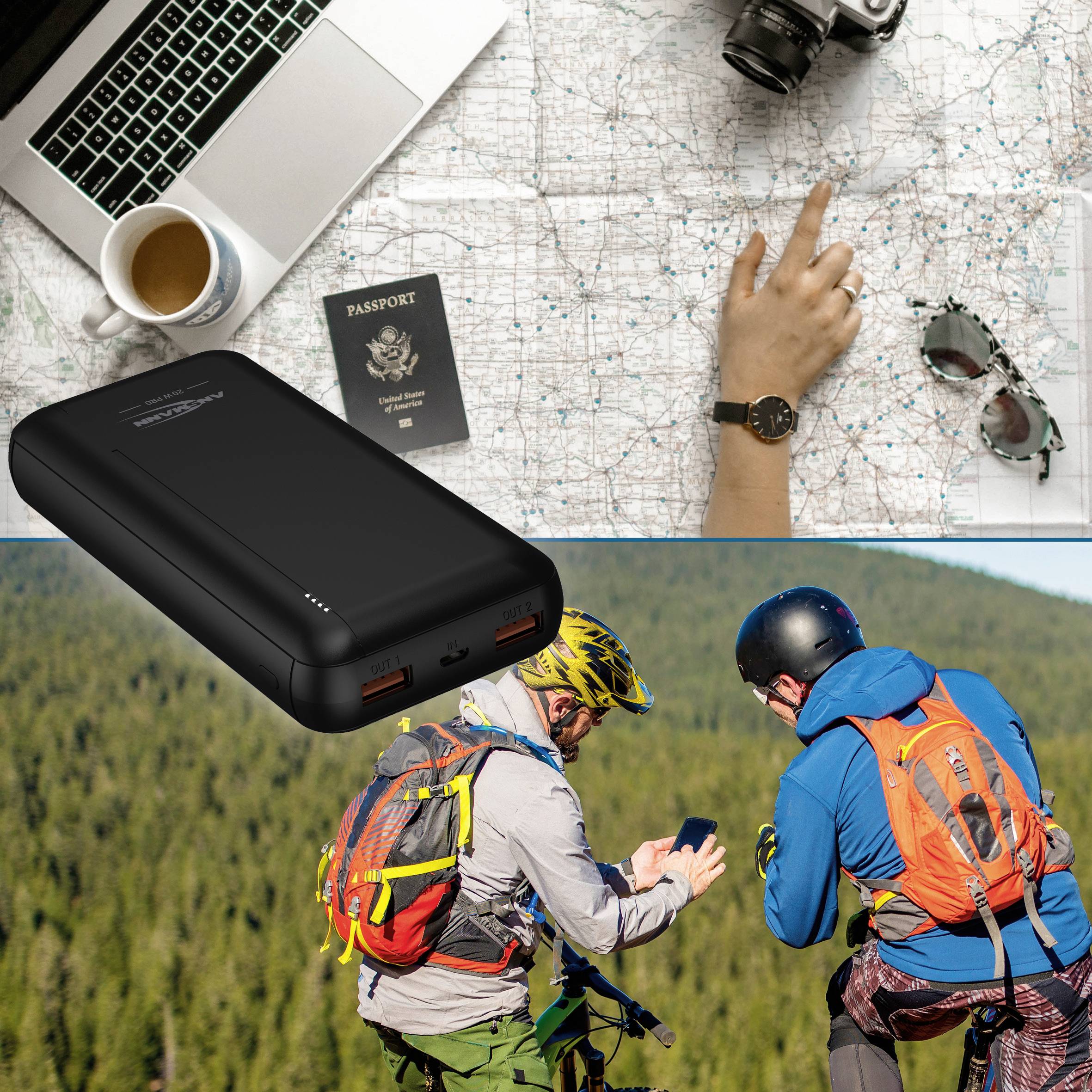 Een powerbank ligt op een kaart met een laptop, camera en koffiekopje ernaast. Twee wandelaars gebruiken deze in een bosachtige omgeving.