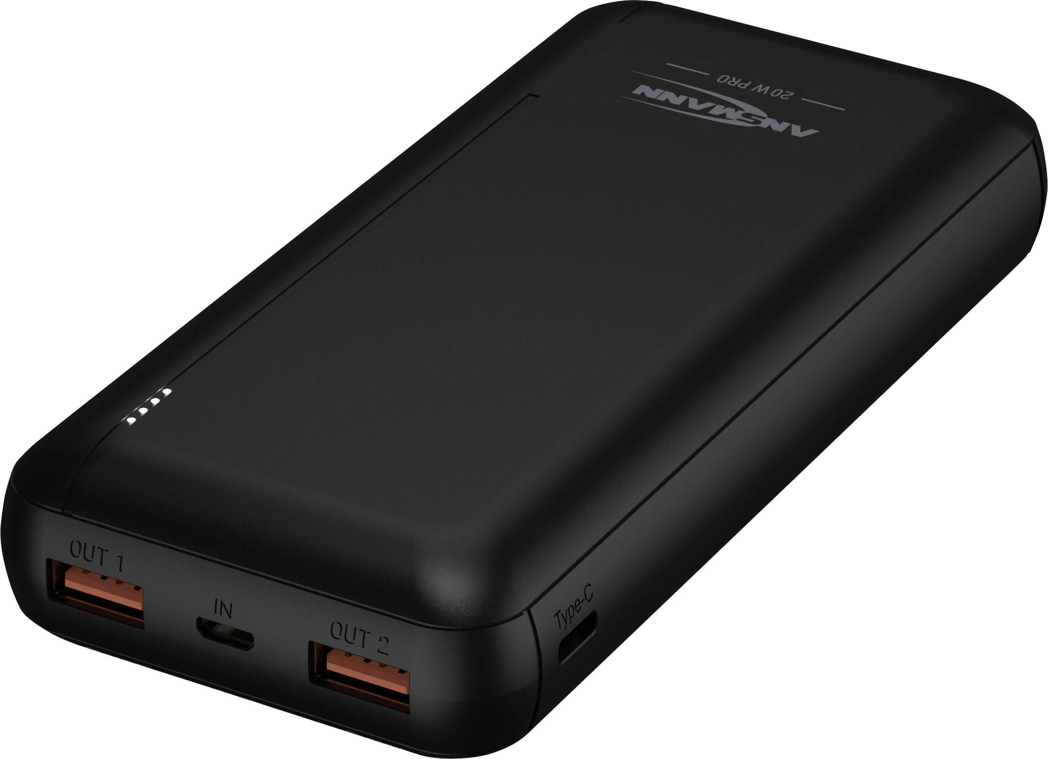 Zwarte powerbank met twee USB-poorten en een USB-C-aansluiting, geschikt voor het opladen van mobiele apparaten onderweg.
