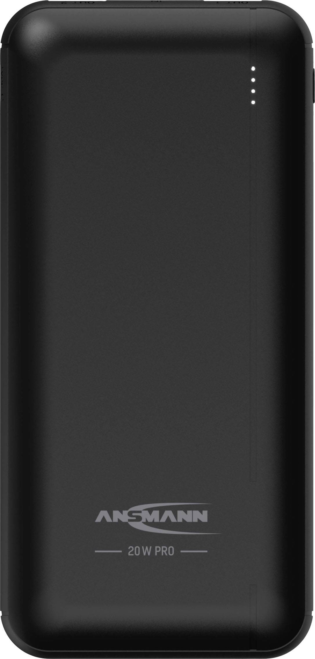 Een zwarte powerbank met de opdruk 'Ansmann 20W Pro'. Vier kleine led-lampjes geven de laadstatus aan.